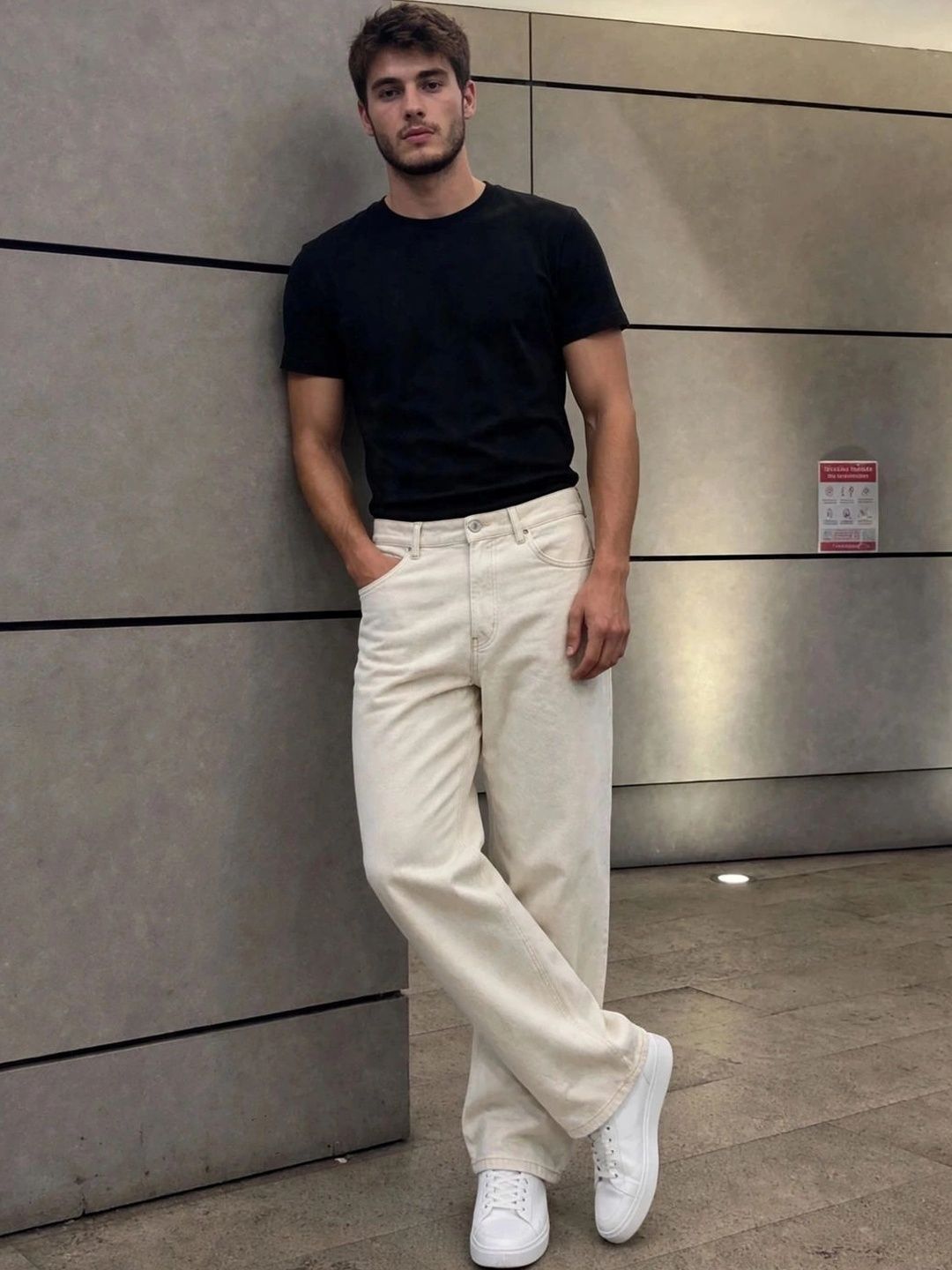 HERE&NOW Men's Off-White Solid Wide-Leg Jeans