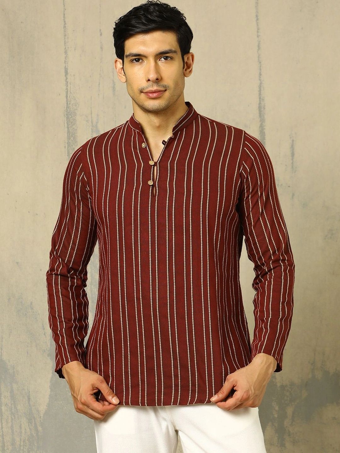 Anouk Woven Design Striped Cotton Handloom Mandarin Collar Short Kurta