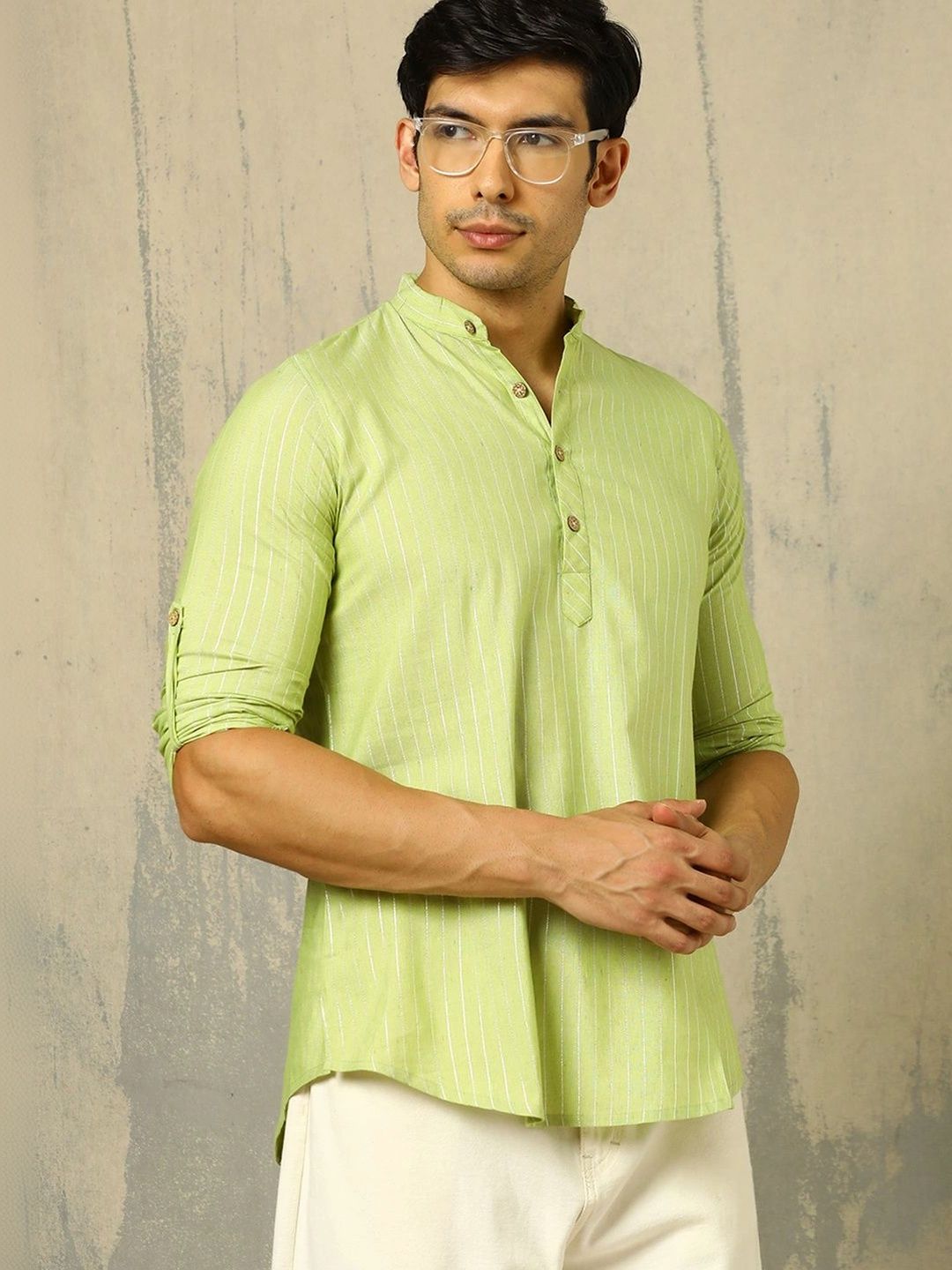 Anouk Woven Design Solid Cotton Handloom Mandarin Collar Short Kurta
