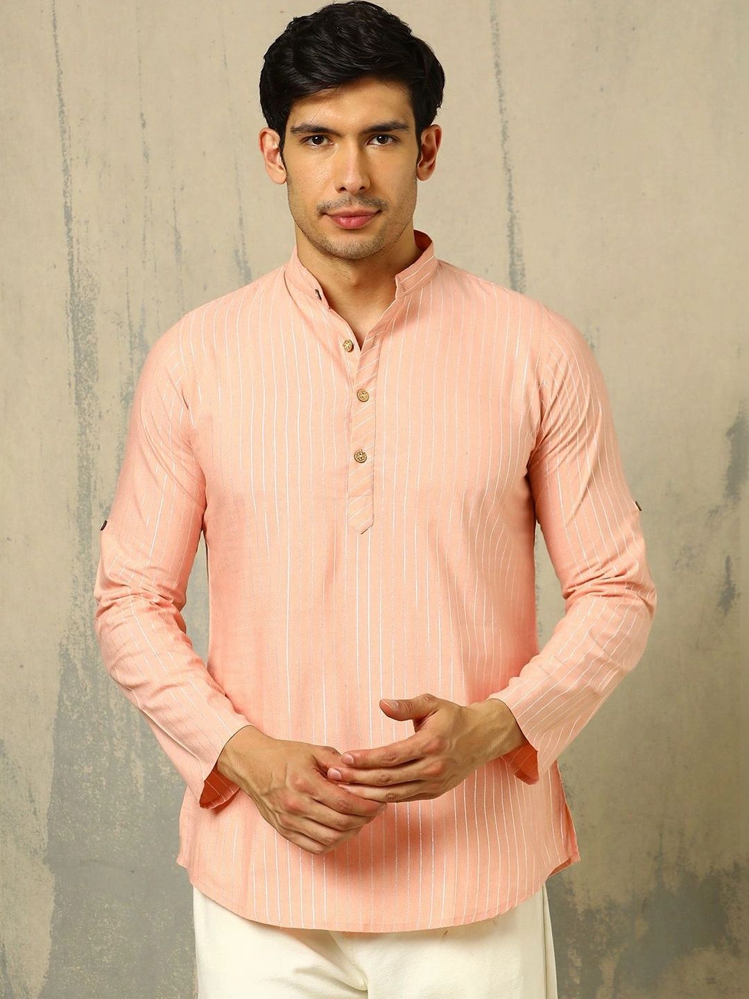Anouk Woven Design Solid Cotton Handloom Mandarin Collar Short Kurta