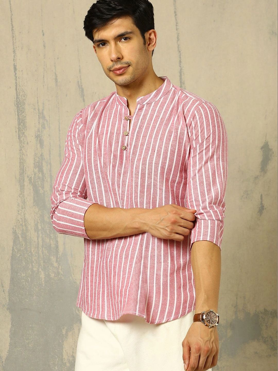 Anouk Woven Design Striped Cotton Handloom Mandarin Collar Short Kurta