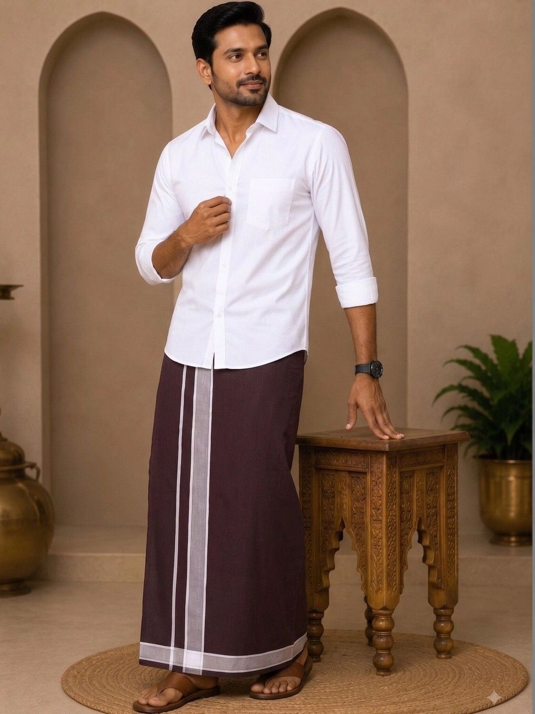 Tharunsha Elite Men Striped Cotton Dhoti Dhotis