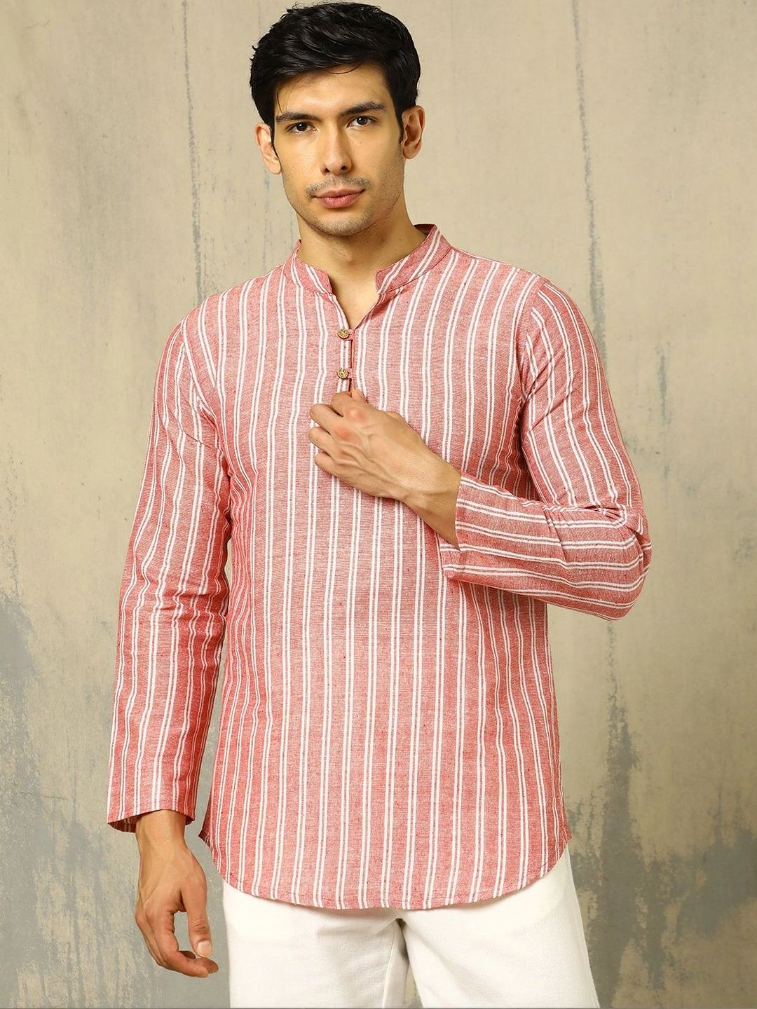 Anouk Woven Design Striped Cotton Handloom Mandarin Collar Short Kurta