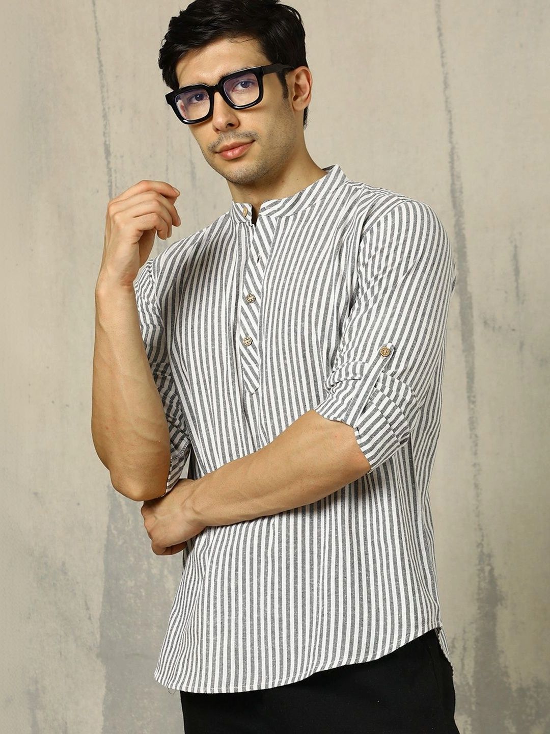 Anouk Woven Design Striped Cotton Handloom Mandarin Collar Short Kurta