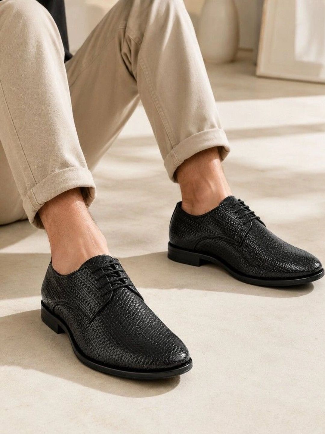House of Pataudi Men Textured Synthetic Leather Pointed Toe Lace-Ups Derbys Formal Shoes