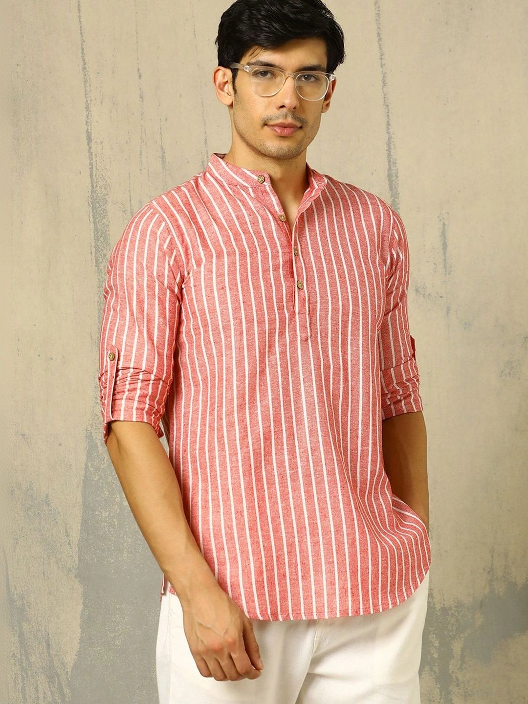 Anouk Woven Design Striped Cotton Handloom Mandarin Collar Short Kurta