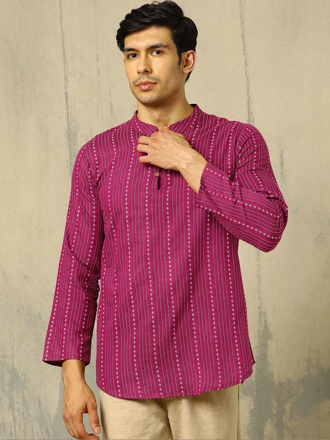 Anouk Woven Design Striped Cotton Handloom Mandarin Collar Short Kurta
