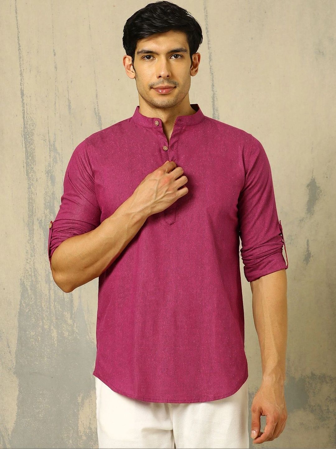 Anouk Woven Design Solid Cotton Handloom Mandarin Collar Short Kurta