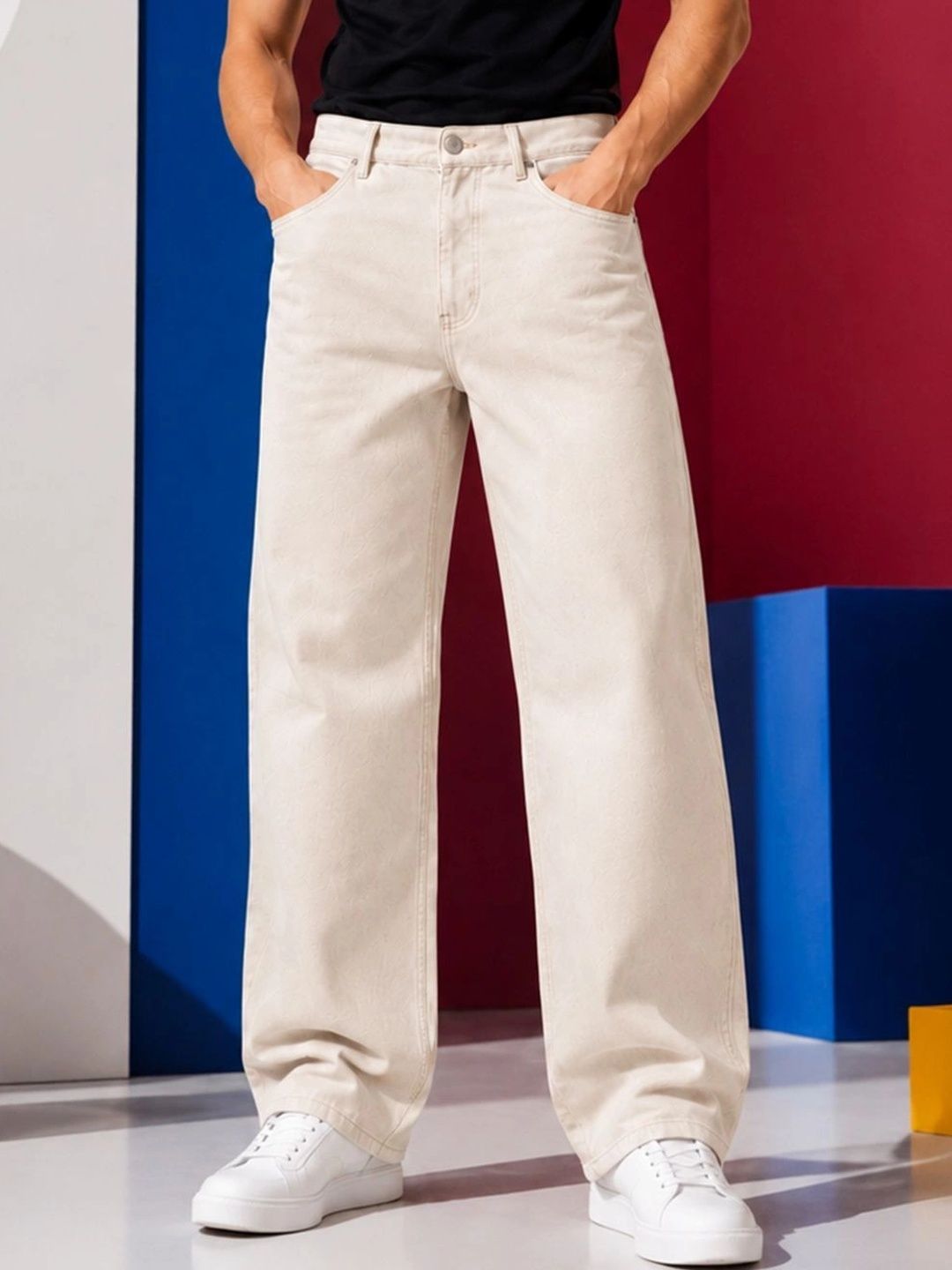 HERE&NOW Men's Beige Solid Mid-Rise Wide-Leg Jeans