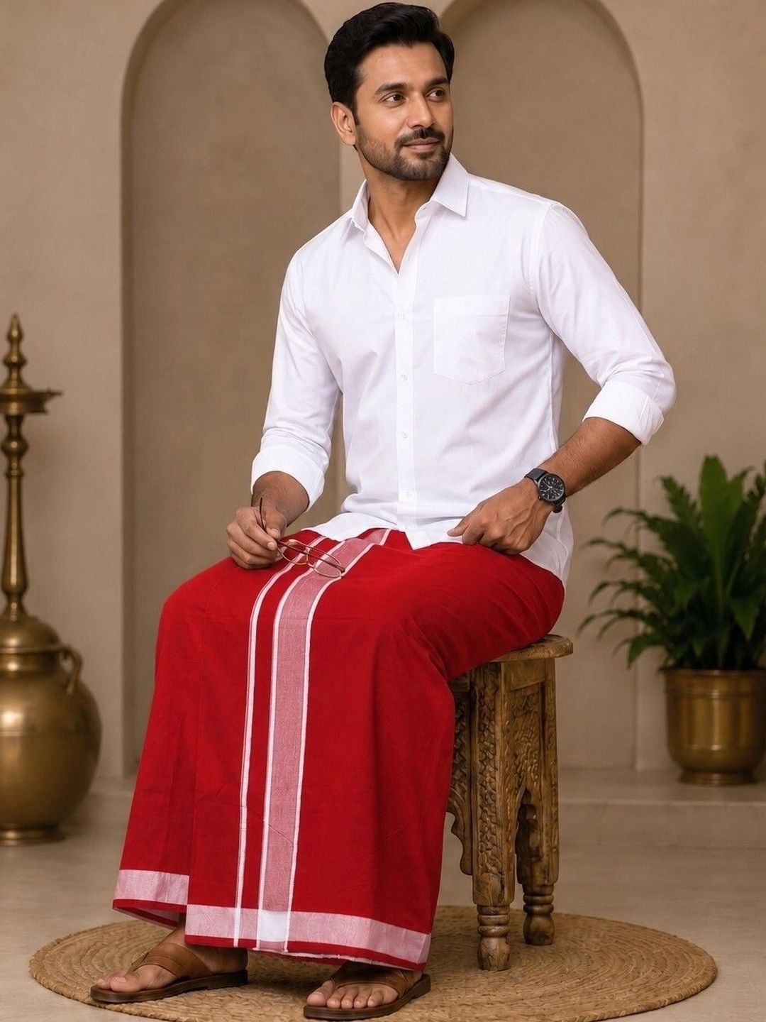 Tharunsha Elite Men Striped Cotton Dhoti Dhotis