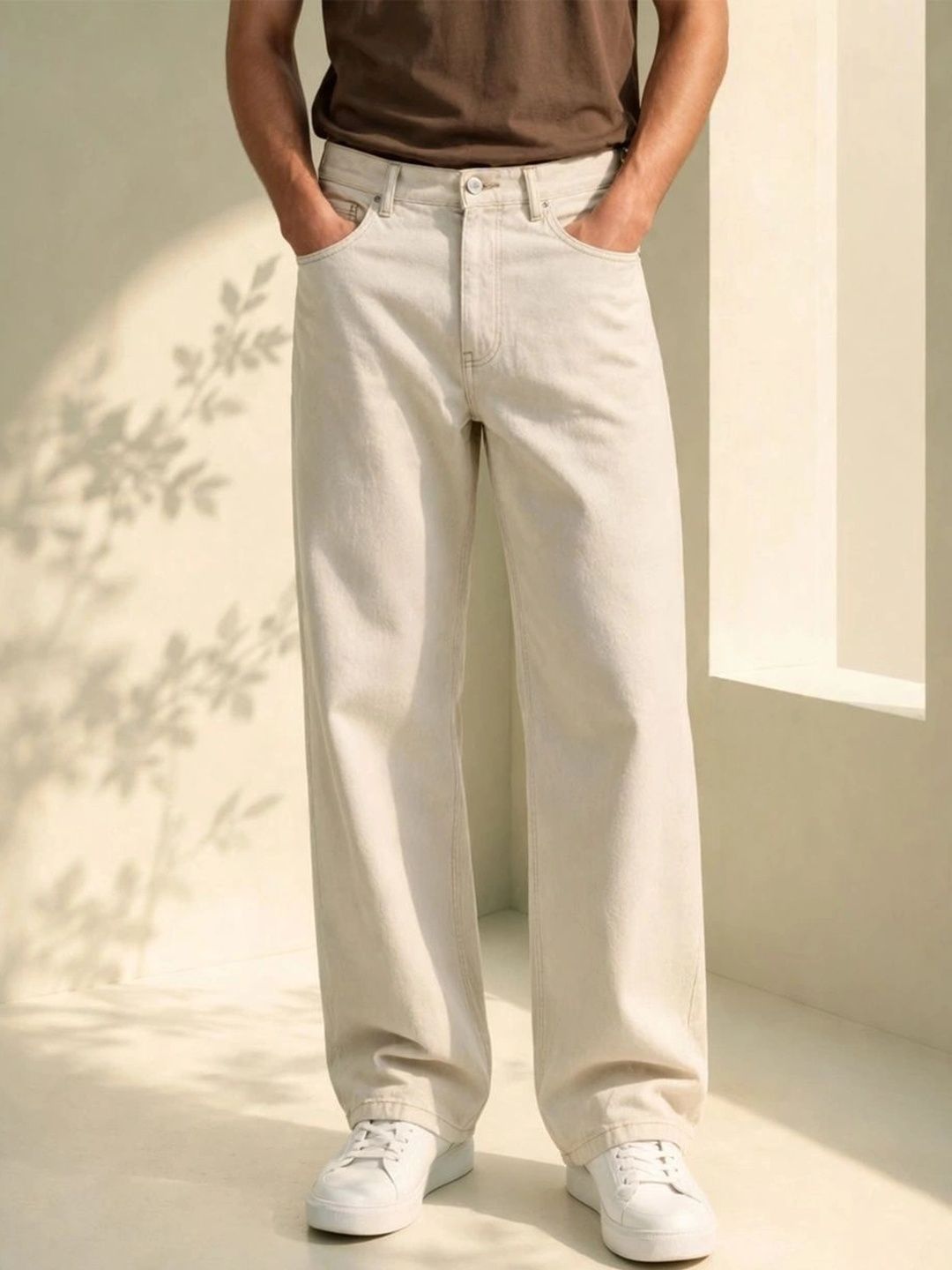 HERE&NOW Men's Washed Mid-Rise Wide-Leg Fit Jeans