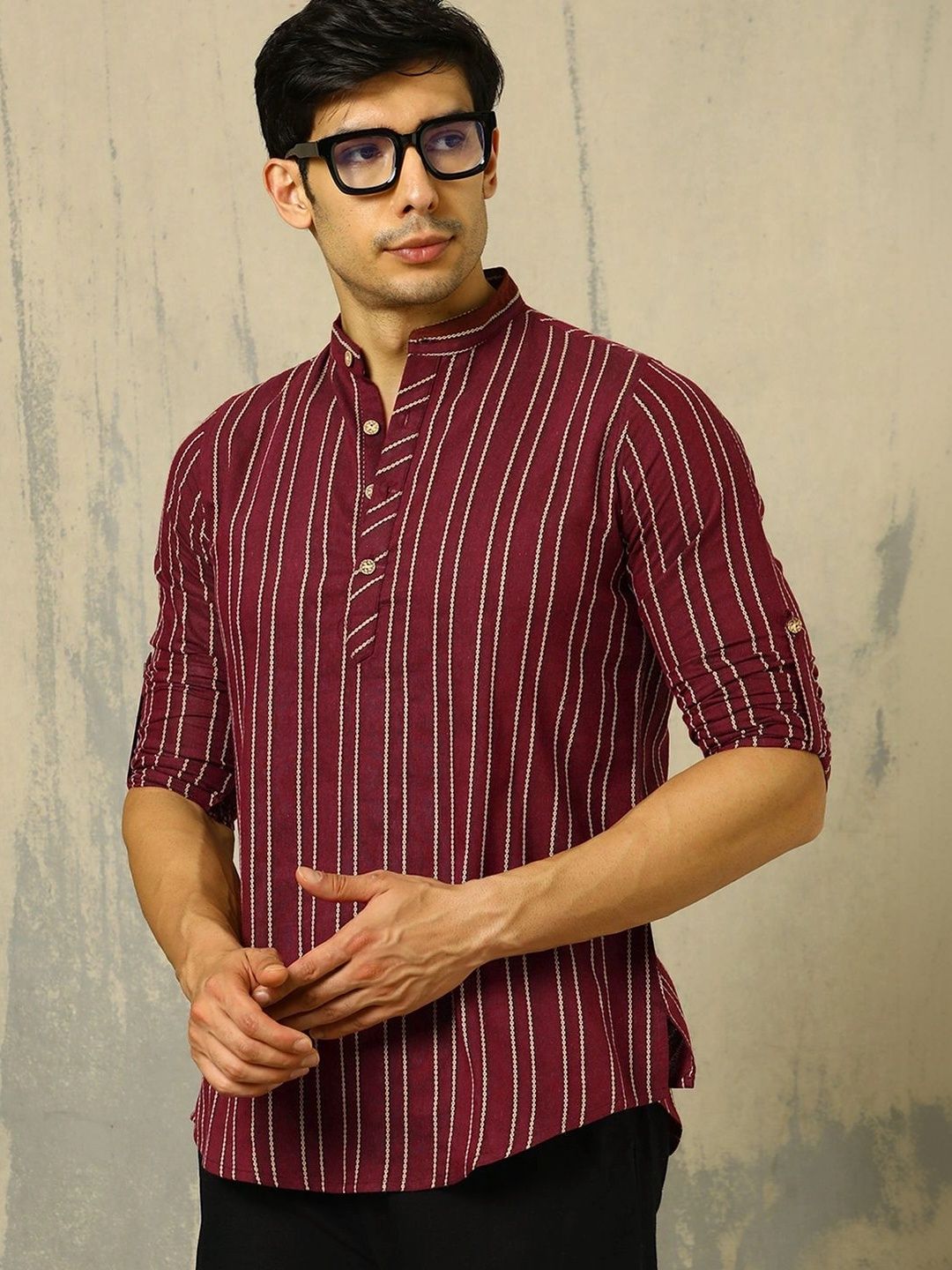 Anouk Woven Design Striped Cotton Handloom Mandarin Collar Short Kurta