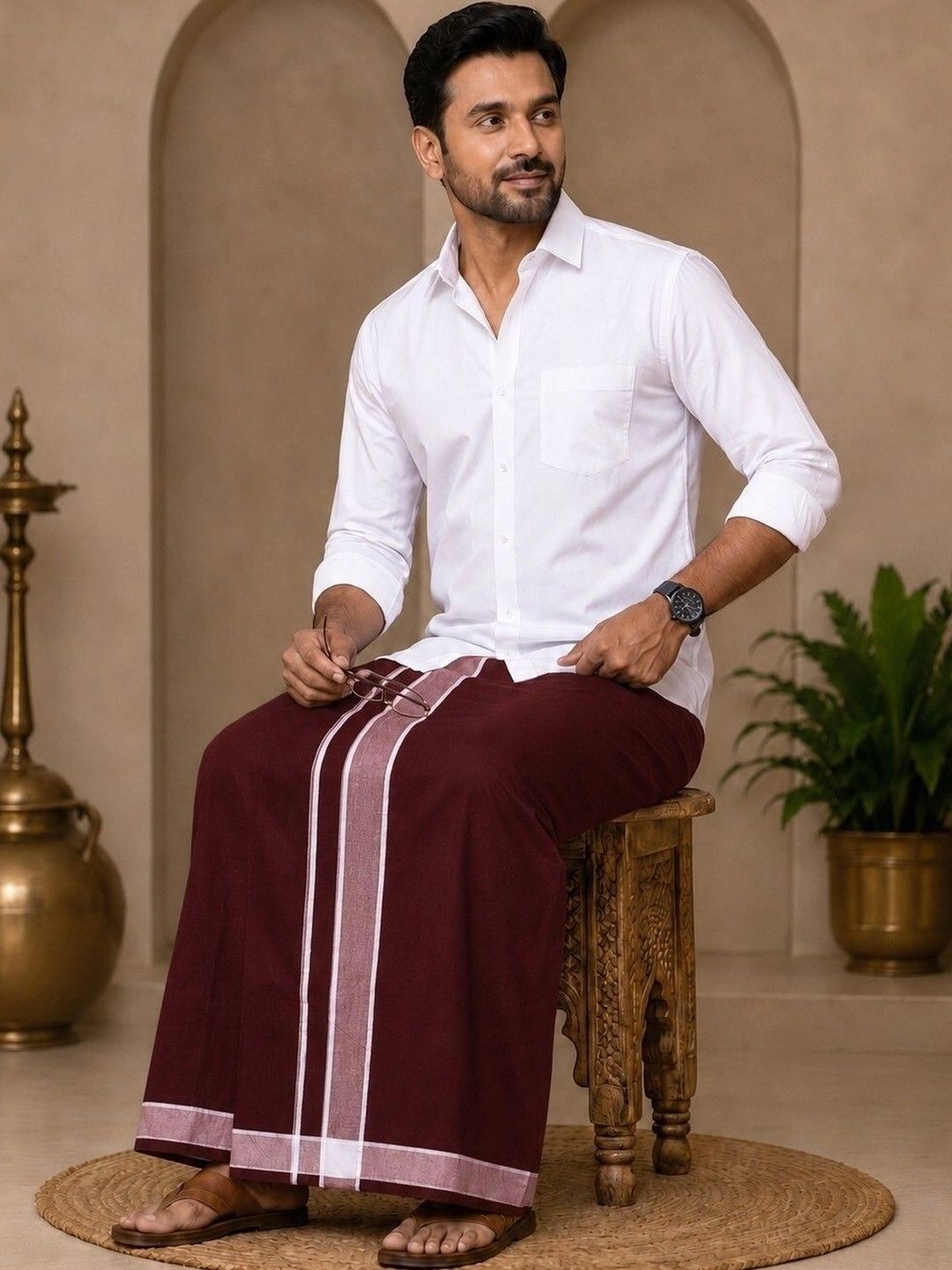 Tharunsha Elite Men Striped Cotton Dhoti Dhotis