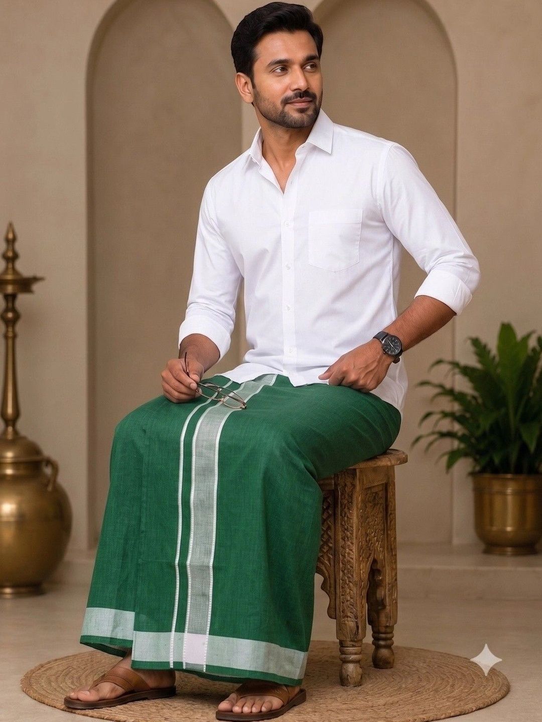 Tharunsha Elite Men Striped Cotton Dhoti Dhotis