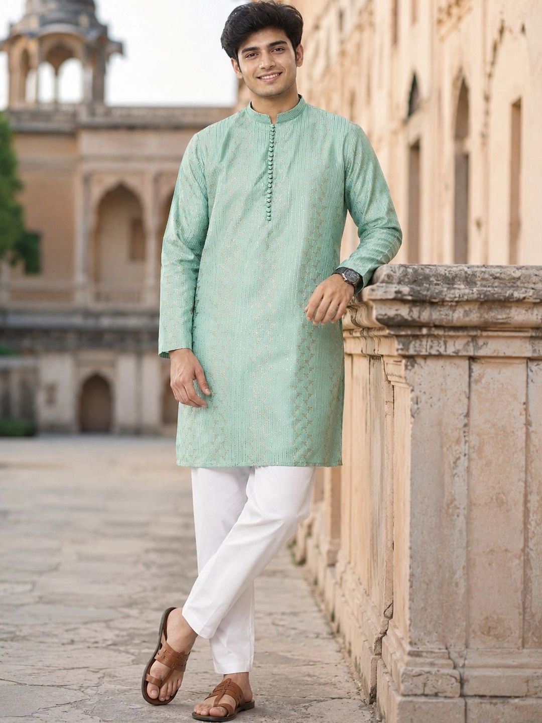 See Designs Mandarin Collar Geometric Embroidered Chanderi Silk Straight Kurta