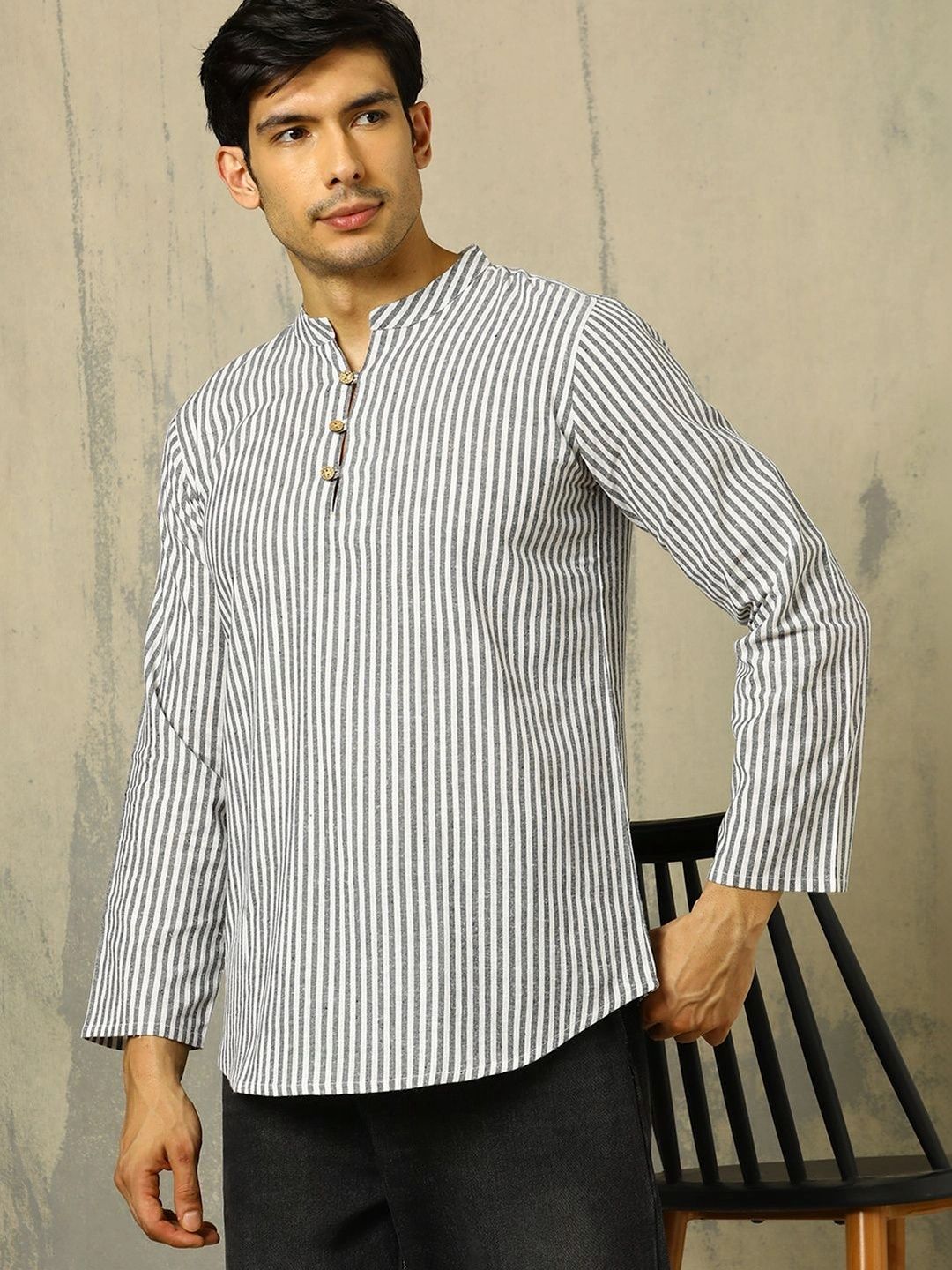 Anouk Woven Design Striped Cotton Handloom Mandarin Collar Short Kurta
