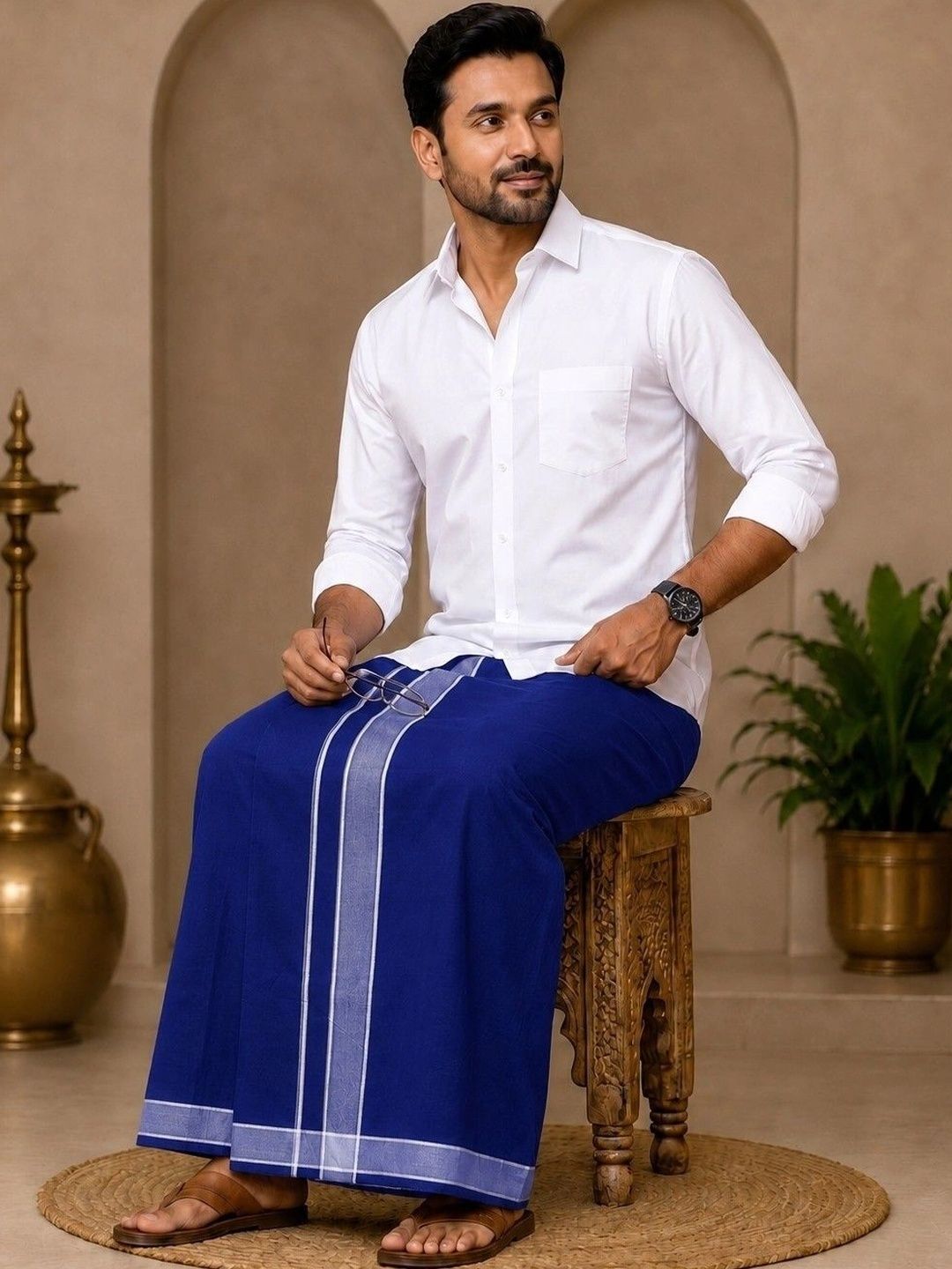 Tharunsha Elite Men Striped Cotton Dhoti Dhotis