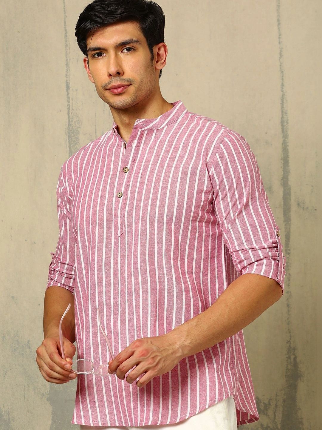 Anouk Woven Design Striped Cotton Handloom Mandarin Collar Short Kurta