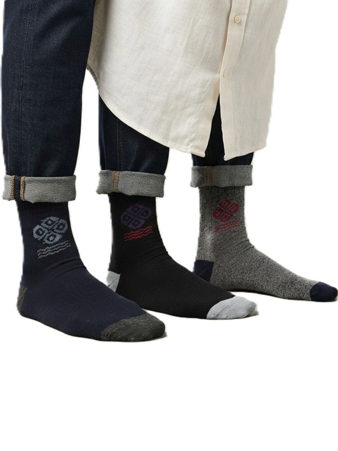 TINY HANDS Men Pack of 3 Cotton Assorted Patterned Above Ankle Socks