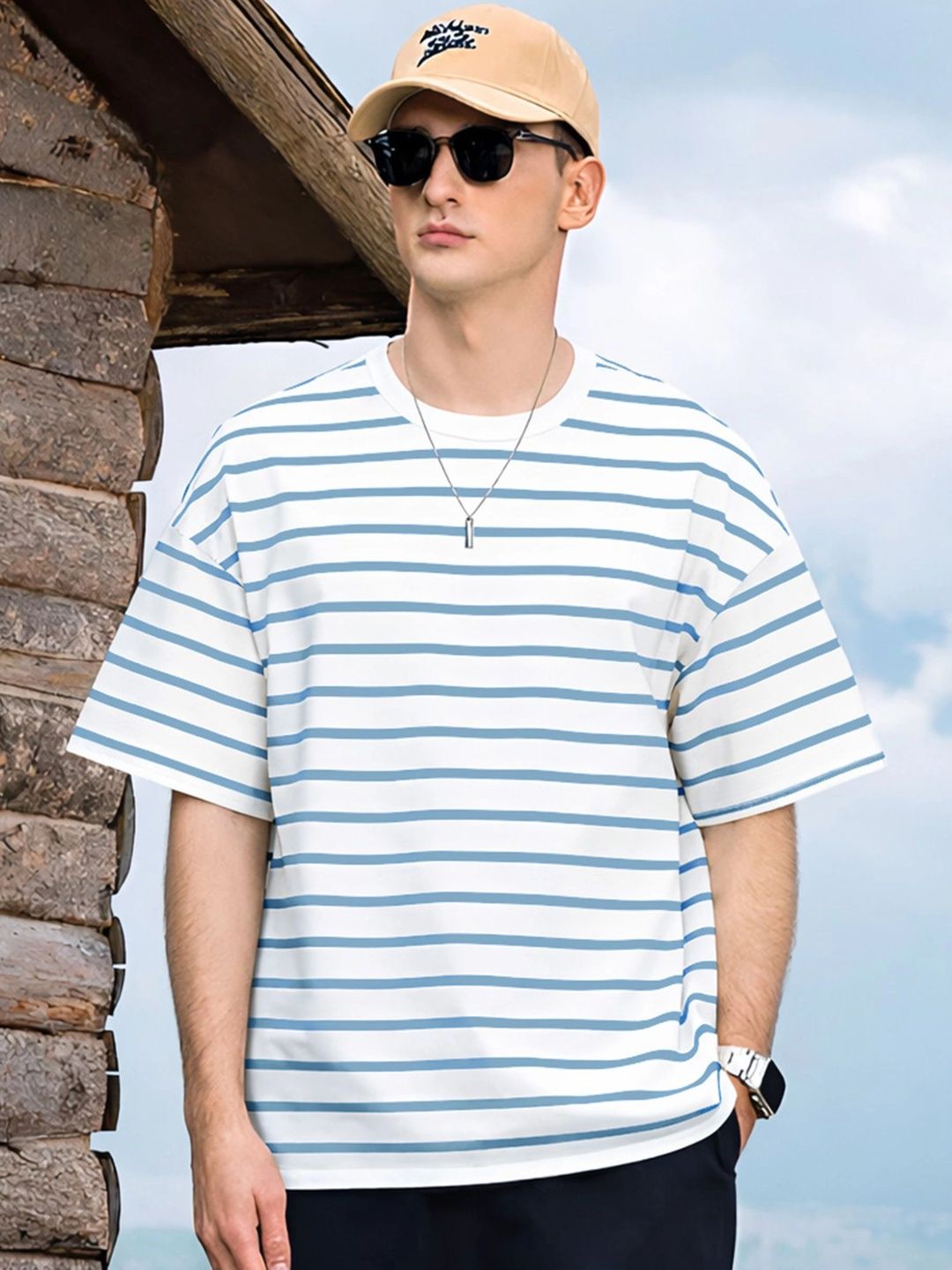 Moda rapido X TOGS & TERRE Men Striped Drop-Shoulder Sleeves Organic Cotton Blend T-shirt