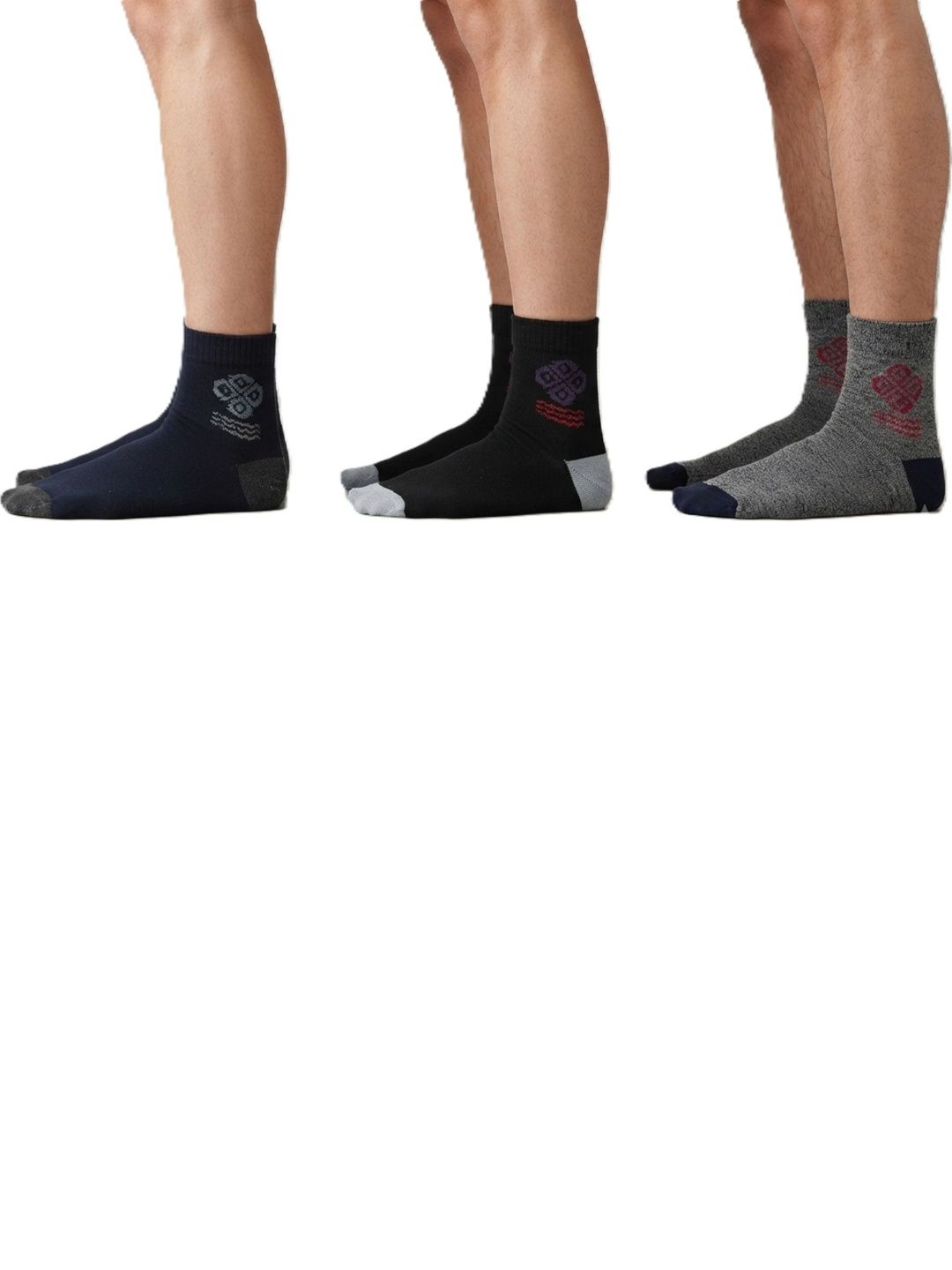 TINY HANDS Men Pack of 3 Cotton Assorted Patterned Ankle Length Socks