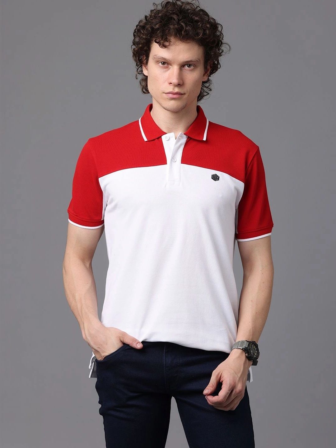 WEARHOUSE Men Colourblocked Polo Collar Slim Fit T-shirt