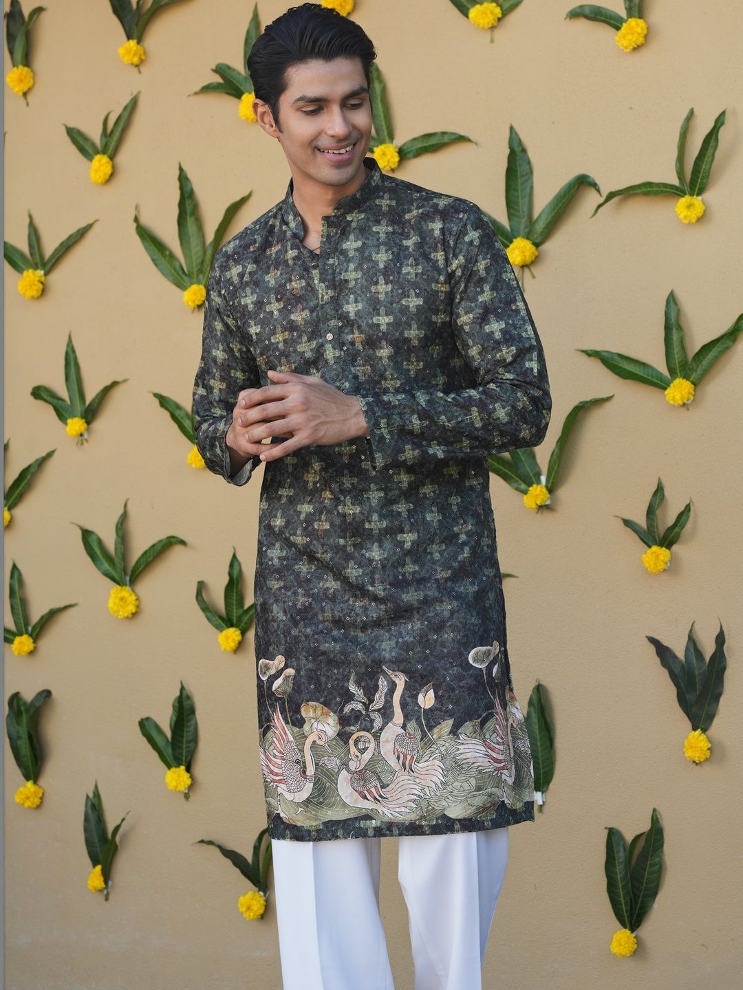 Anouk Men's Embroidered Printed Mandarin Collar Long Kurta
