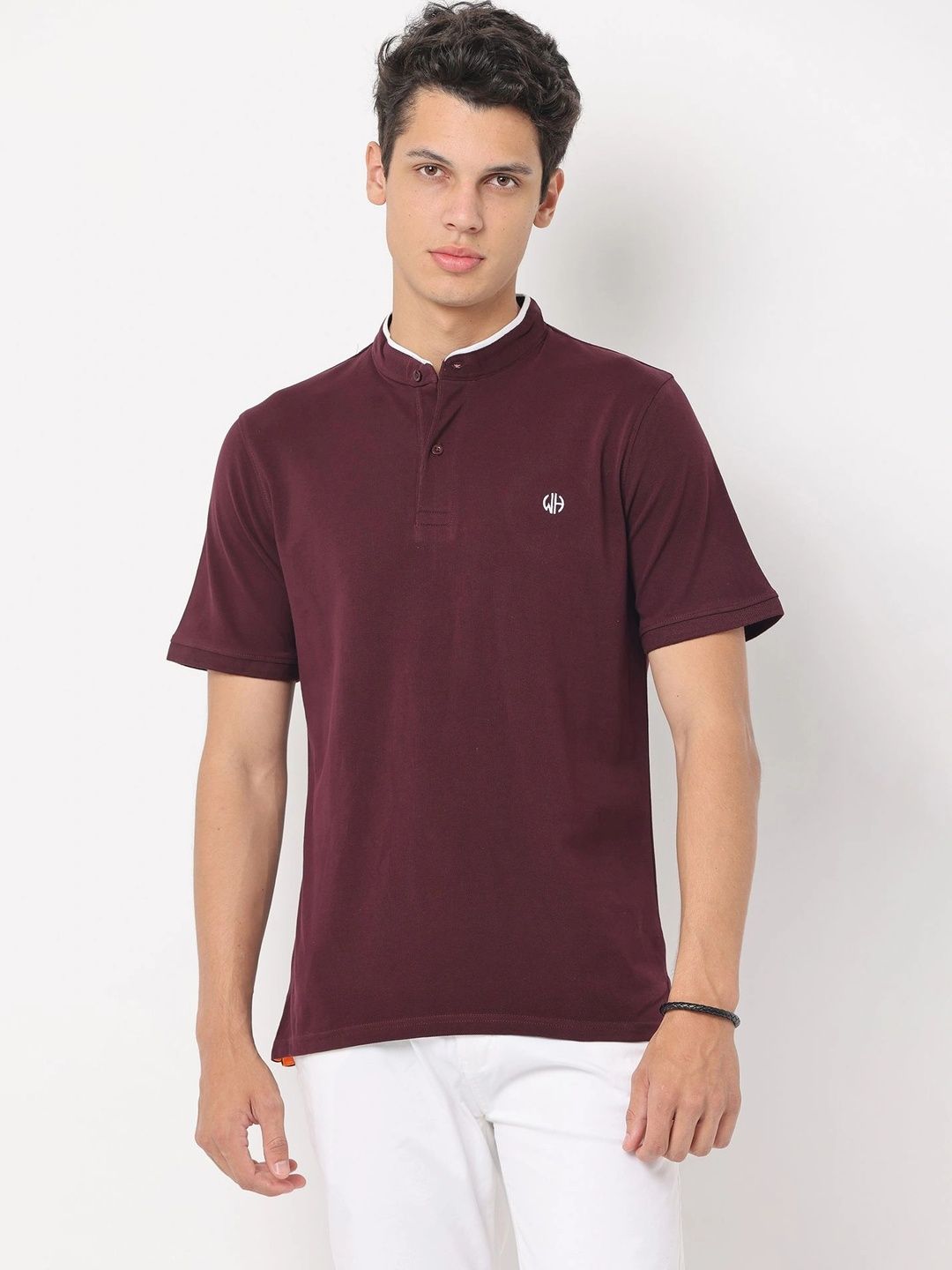 WEARHOUSE Men Brand Logo Mandarin Collar Slim Fit T-shirt