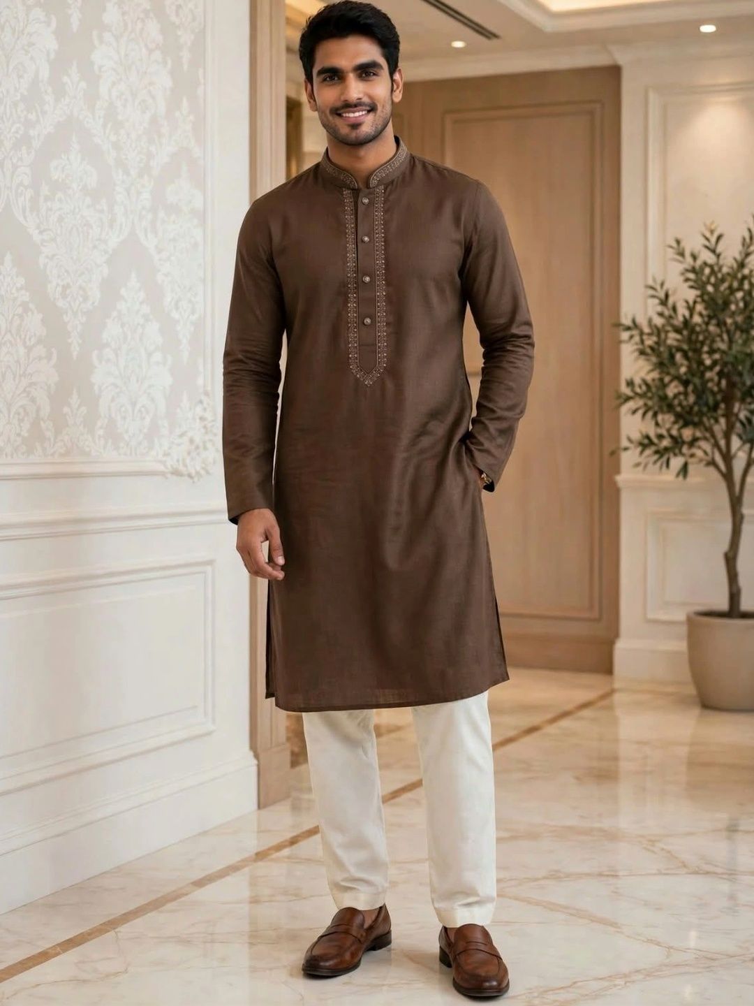 MEHWISH Men Ethnic Motifs Embroidered Thread Work Handloom Kurta