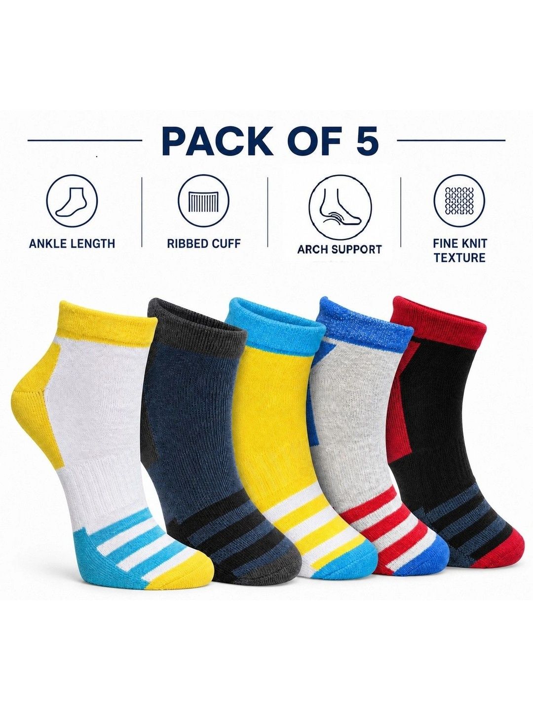 HRX by Hrithik Roshan Unisex Pack of 5 Cotton Blend Assorted Striped Ankle Length Socks