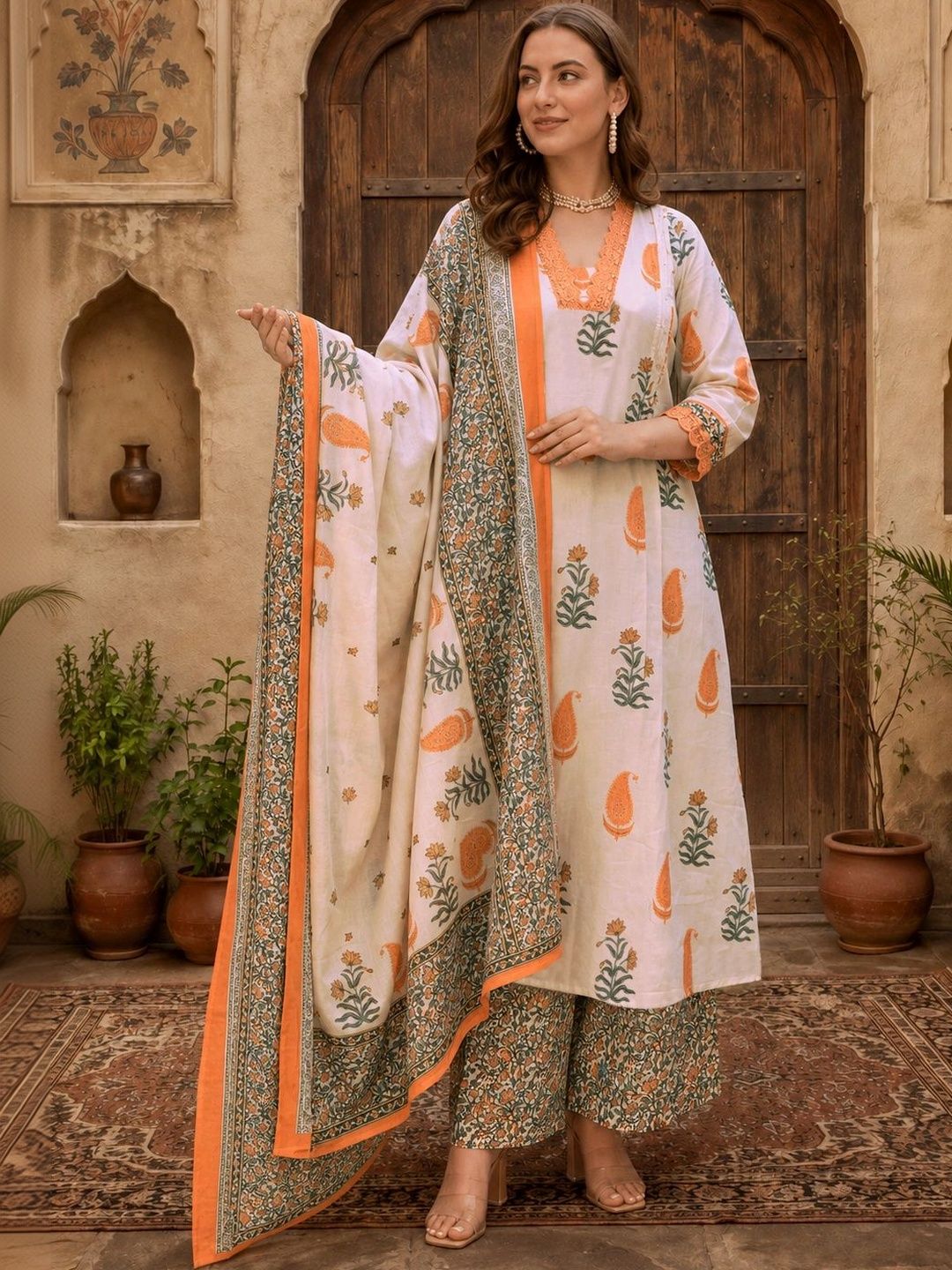 Sangria Women Ethnic Motifs Printed Regular Kurta with Palazzos & With Dupatta