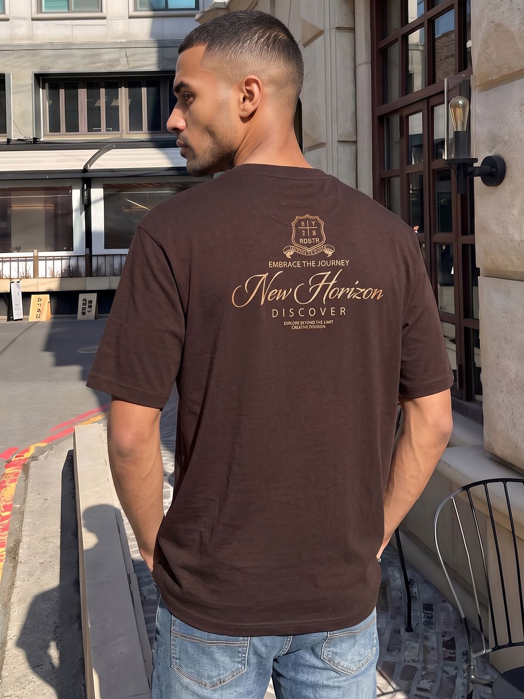 The Roadster Life Co. Printed Drop-Shoulder Sleeves Pure Cotton Relaxed Fit T-shirt