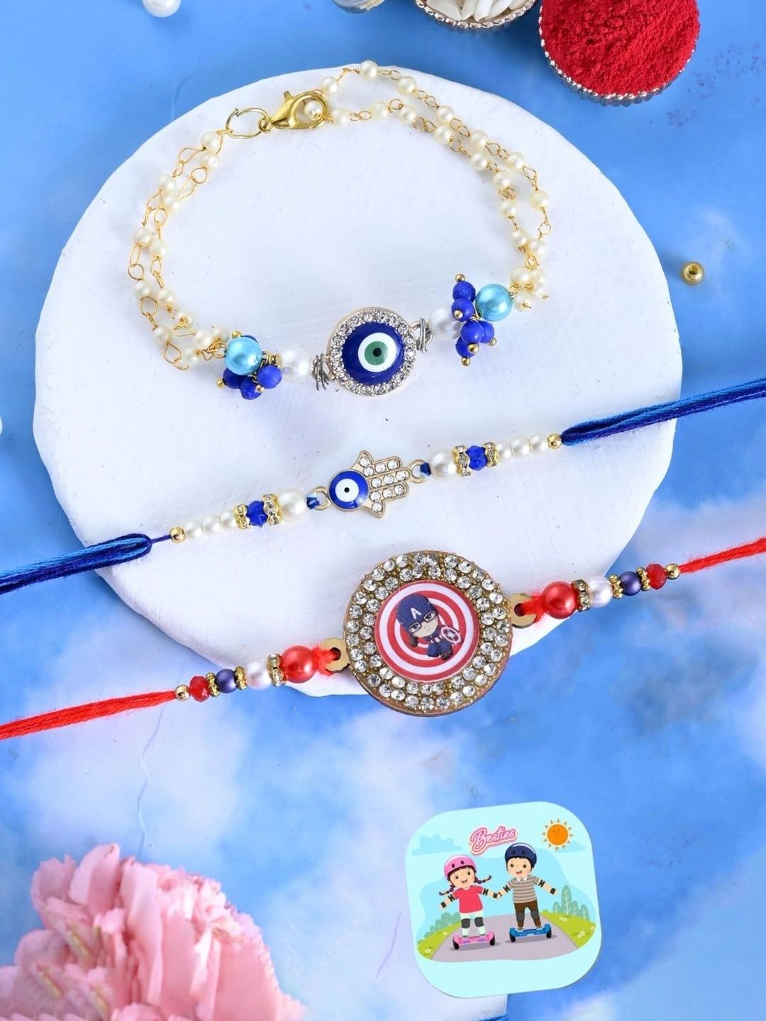CraftVatika Kids Set Of 3 Brother & Bhabhi Rakhi With Tilak Greeting Card & Fridge Magnet