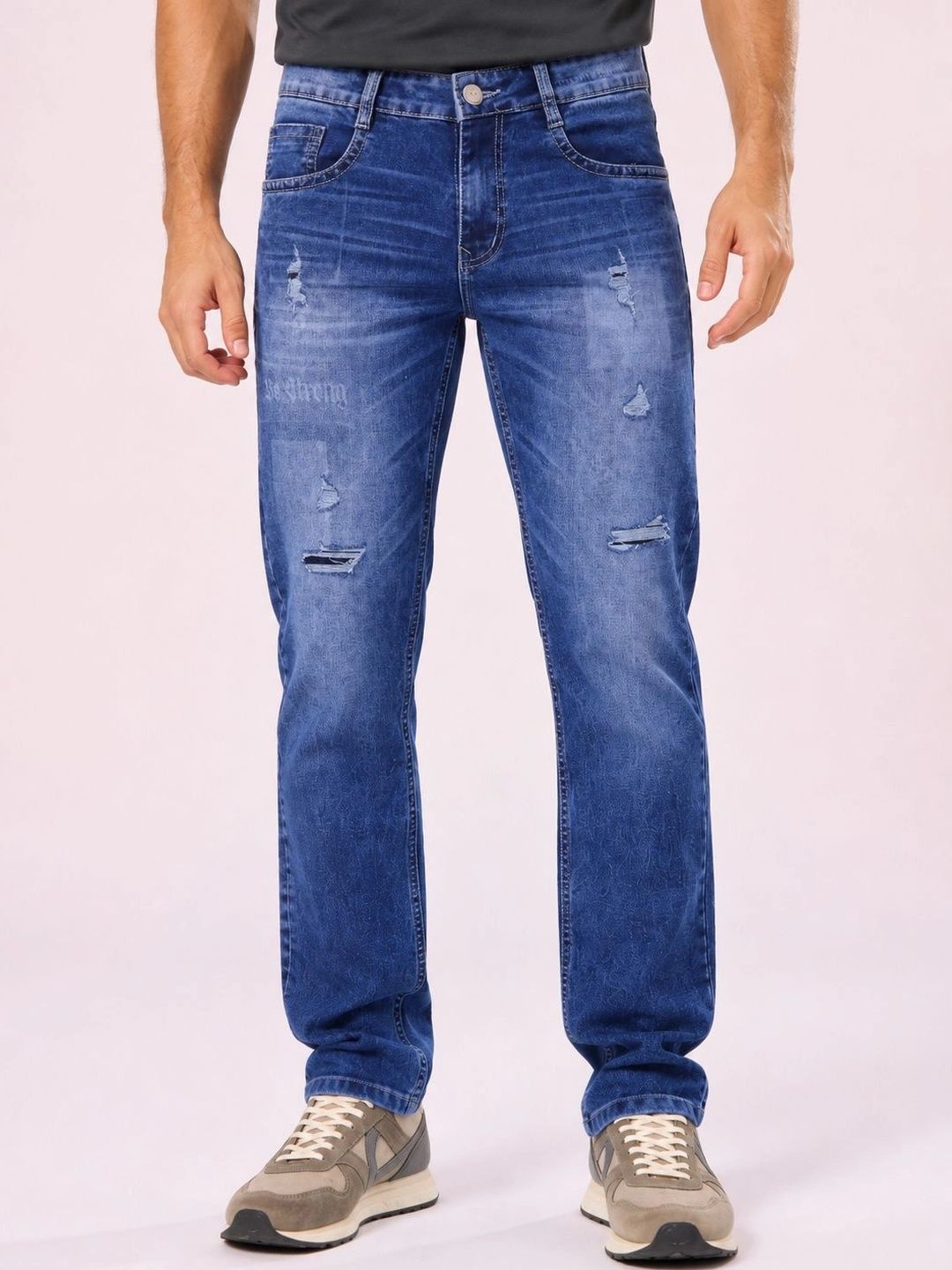 GEX Men Jean Relaxed Fit Mid-Rise Low Distress Printed Stretchable Jeans
