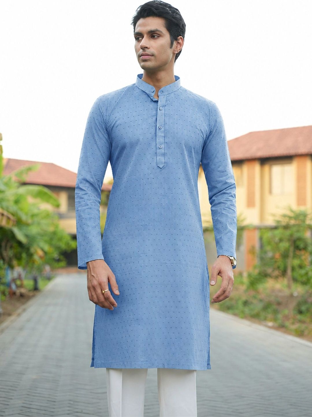 Anouk Men's Blue Self-Design Cotton Straight Kurta