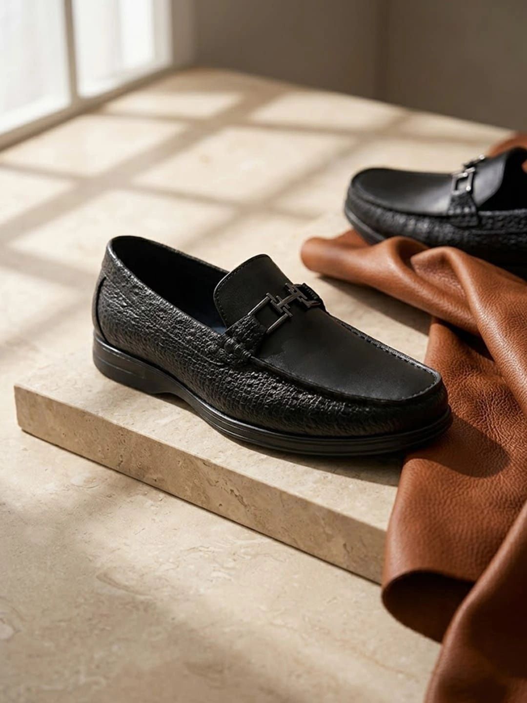 House of Pataudi Men Textured Round Toe Slip-On Loafers Formal Shoes