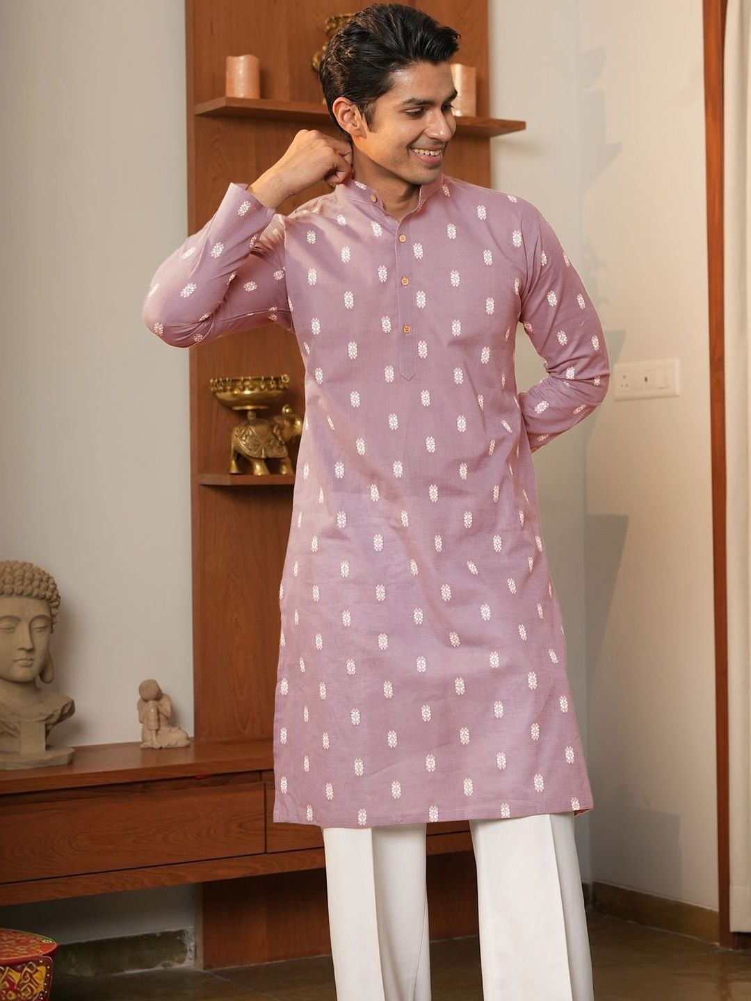 Anouk Men's Pink Self-Design Cotton Straight Kurta