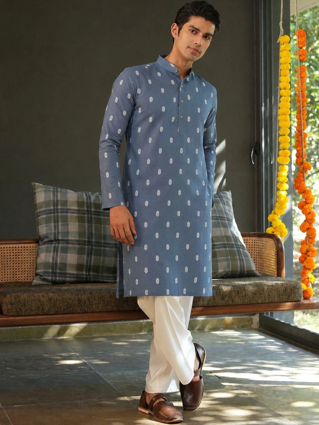 Anouk Men's Blue Self-Design Cotton Straight Kurta