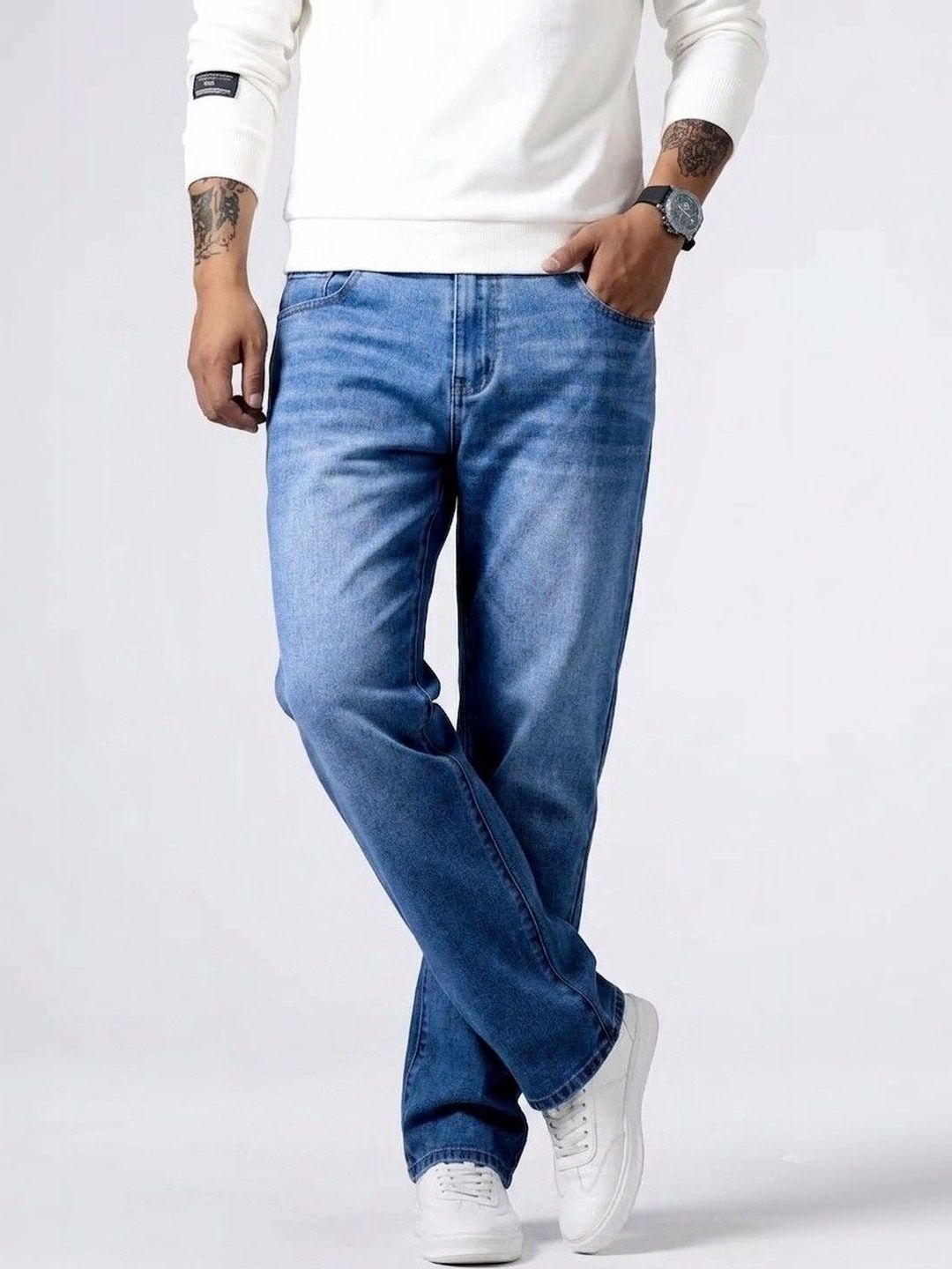 PINKLIT Men Straight Fit Mid-Rise Low Distress Light Fade Jeans