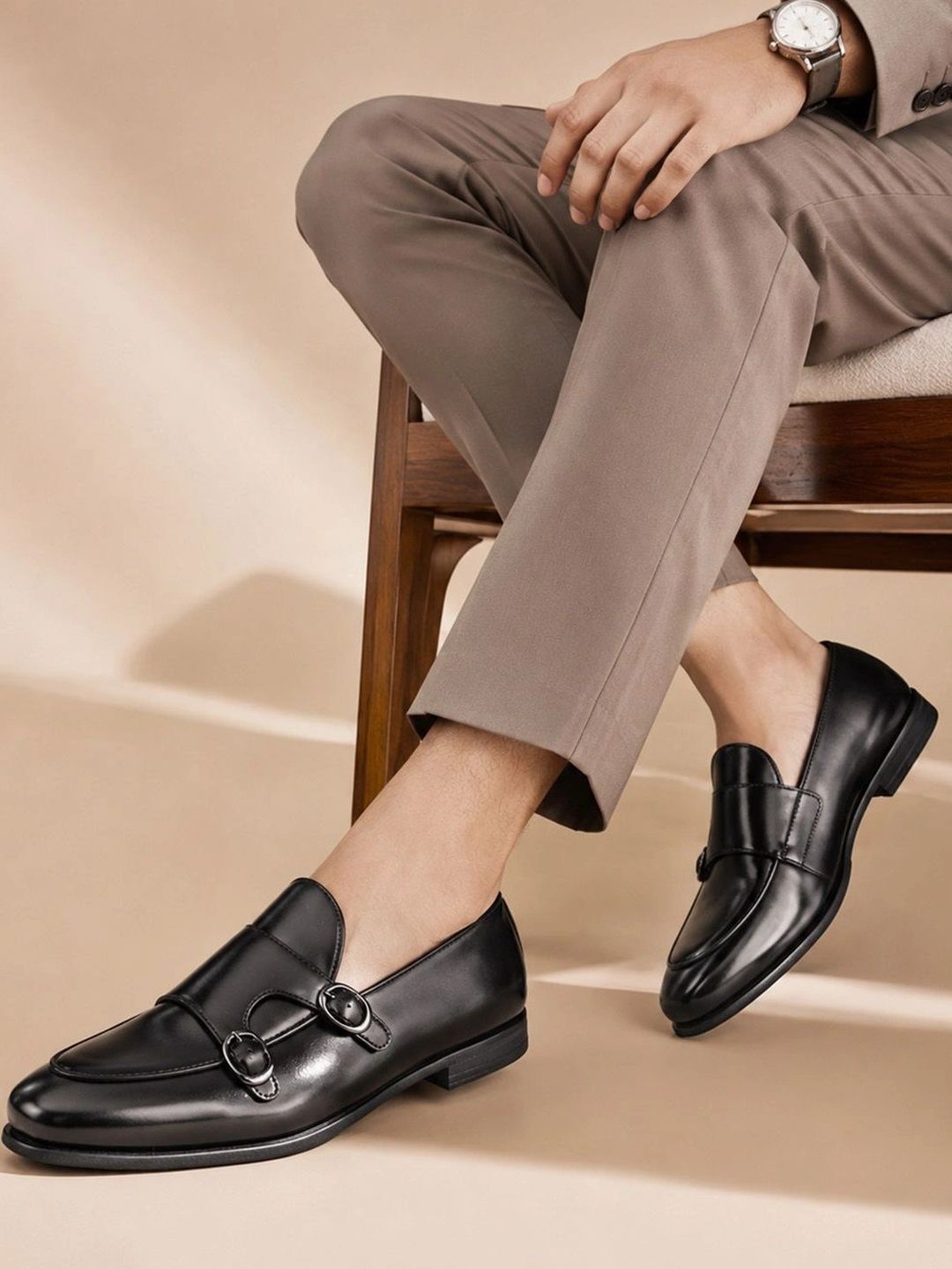 House of Pataudi Men Textured Formal Monk Shoes
