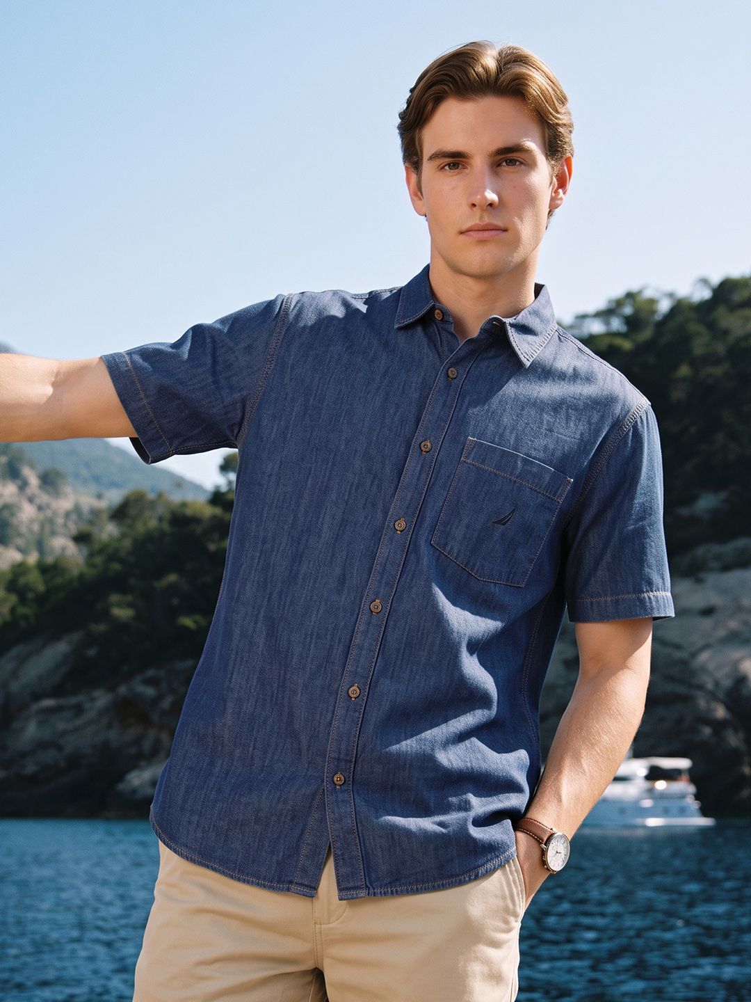 Nautica Spread Collar Slim Fit Casual Shirt