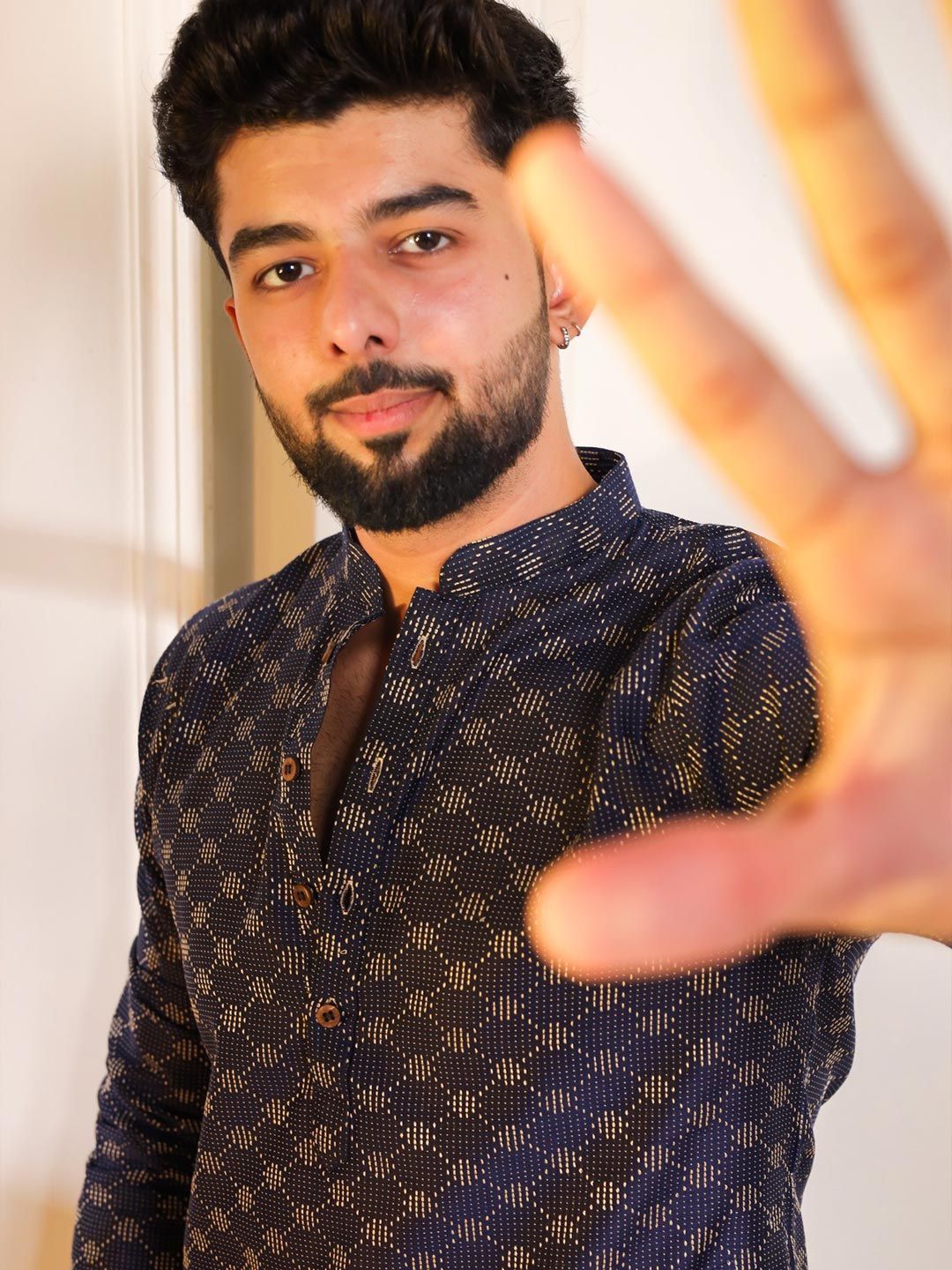 Koshin Woven Design Mandarin Collar Cotton Straight Kurta