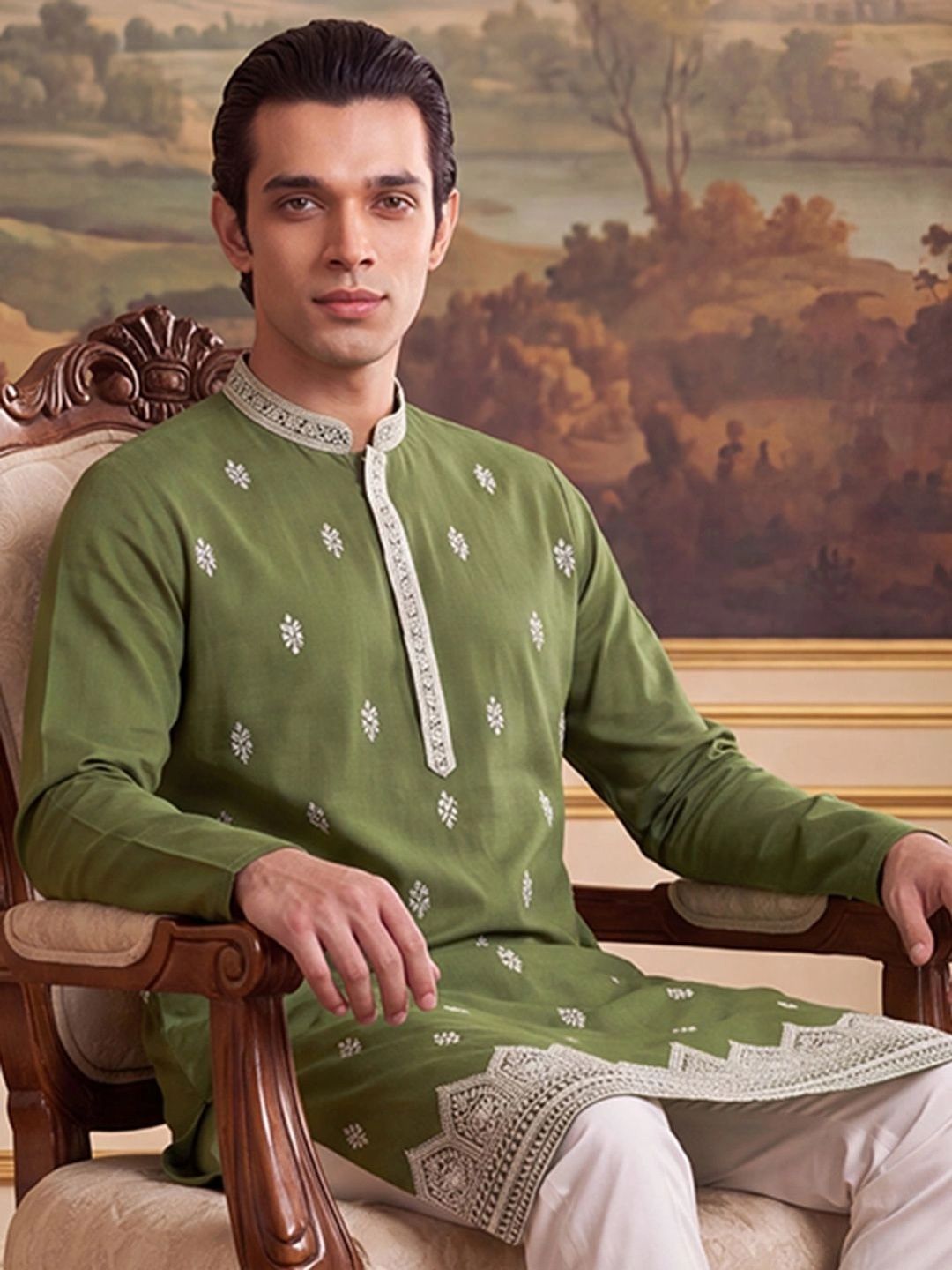 House of Pataudi Men Embroidered Thread Work Kurta