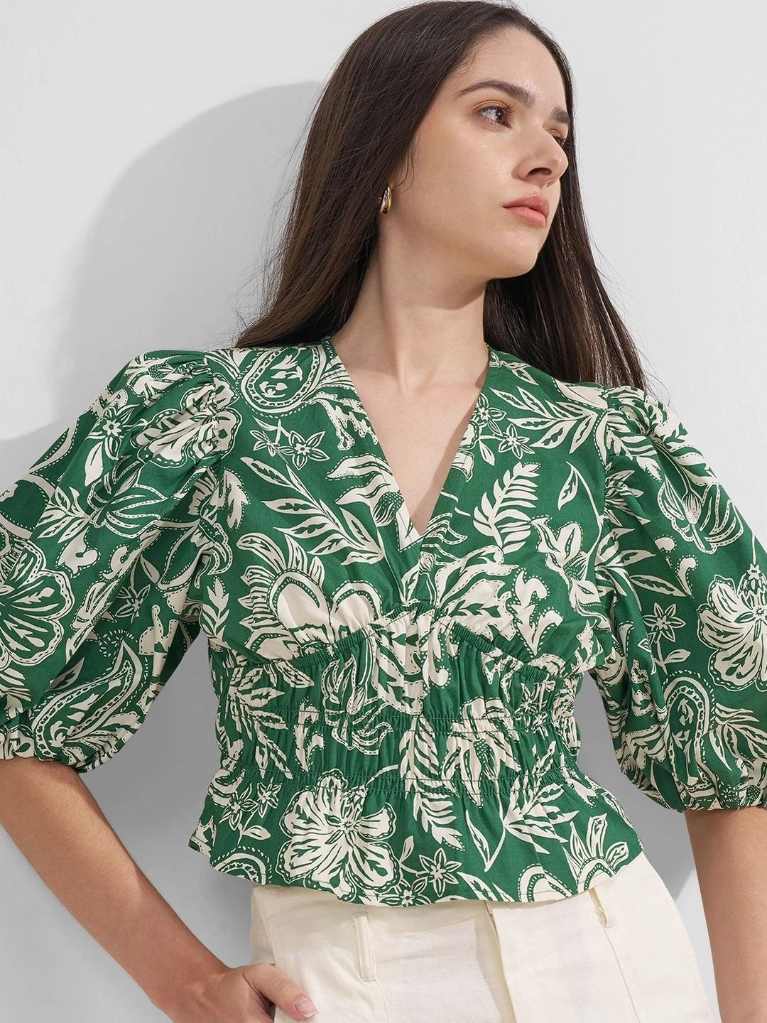 Buy Tokyo Talkies Floral Print Puff Sleeve Cotton Top - Tops for