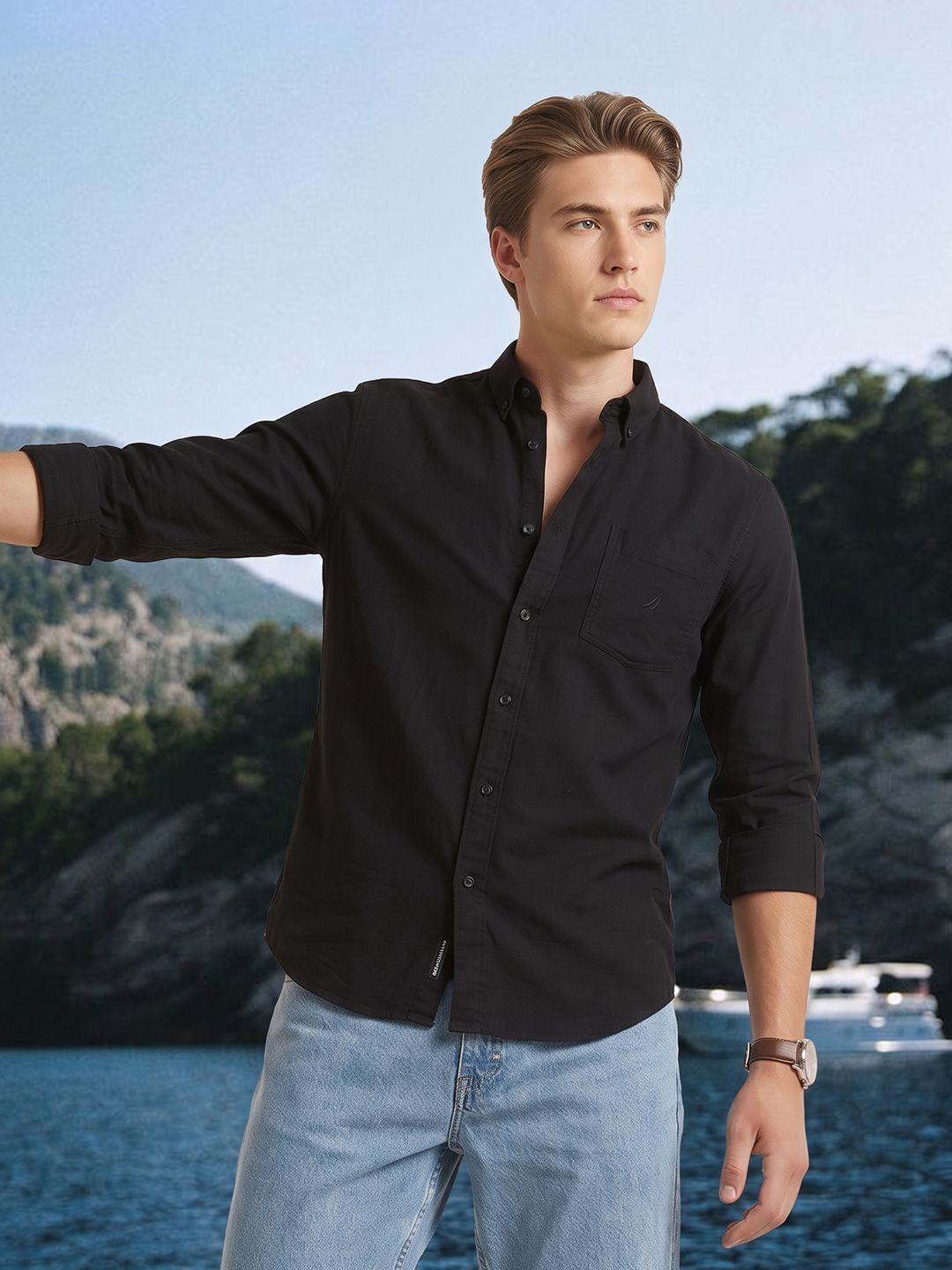Nautica Slim Fit Textured Pure Cotton Casual Shirt