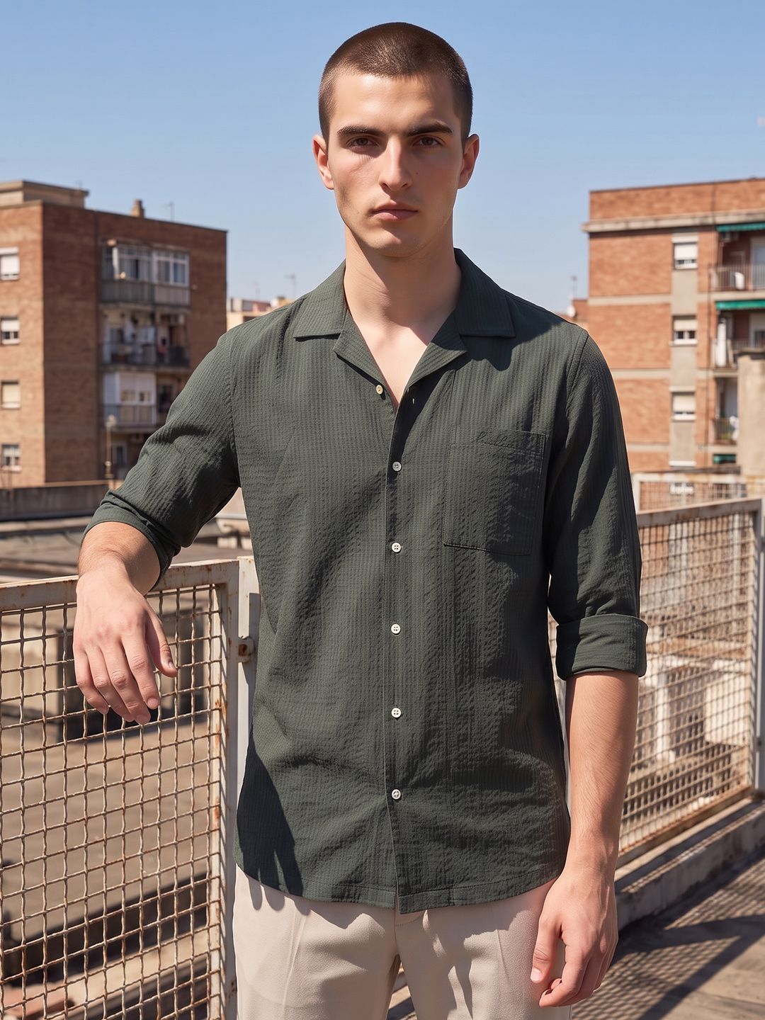 FCUK Relaxed Fit Vertical Striped Pure Cotton Casual Shirt