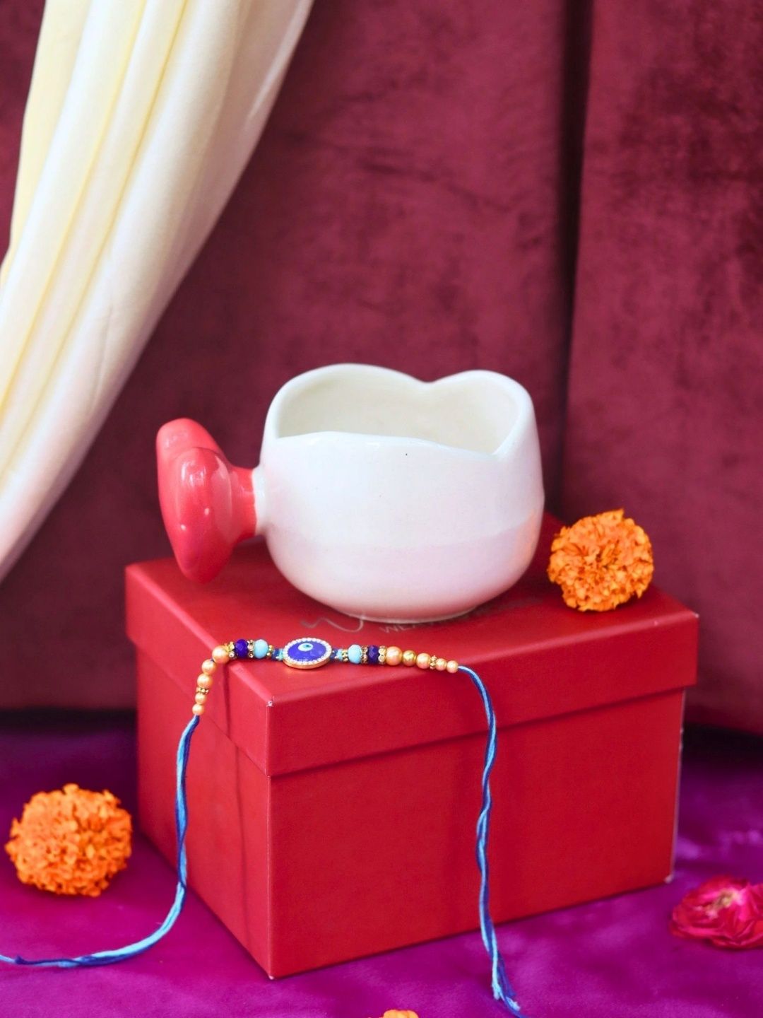 WEAVING HOMES White & Red Handcrafted and Hand Painted Printed Ceramic Glossy Mugs Set of Cups and Mugs