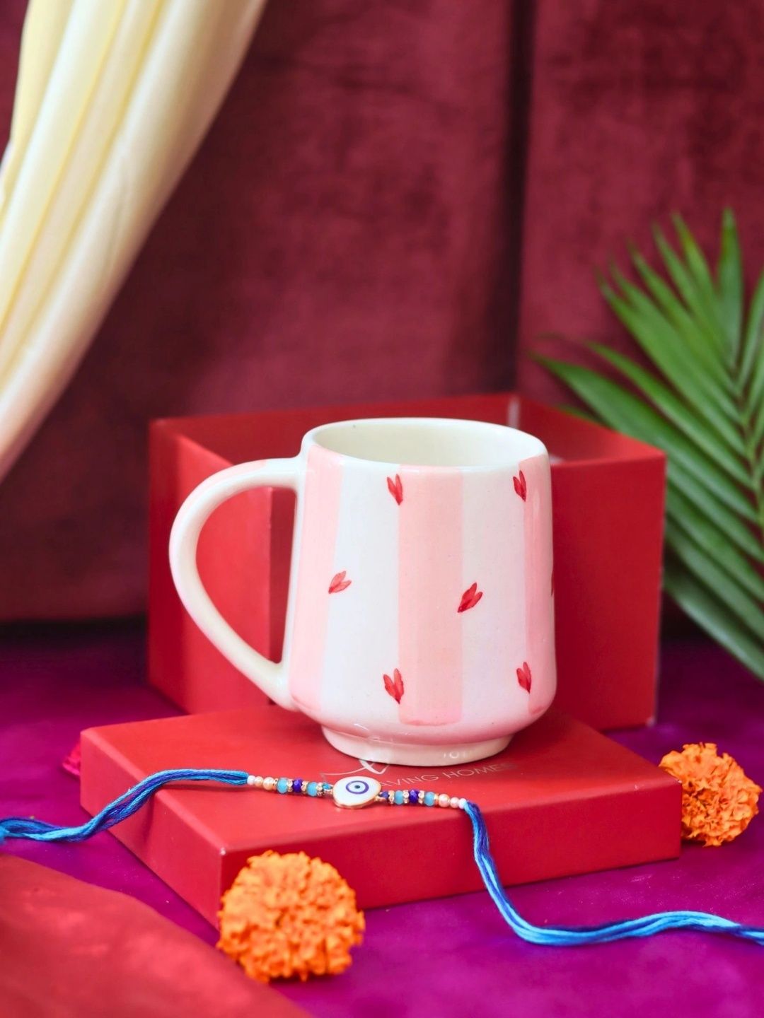 WEAVING HOMES Pink & Red Handcrafted and Hand Painted Printed Ceramic Glossy Mugs Set of Cups and Mugs