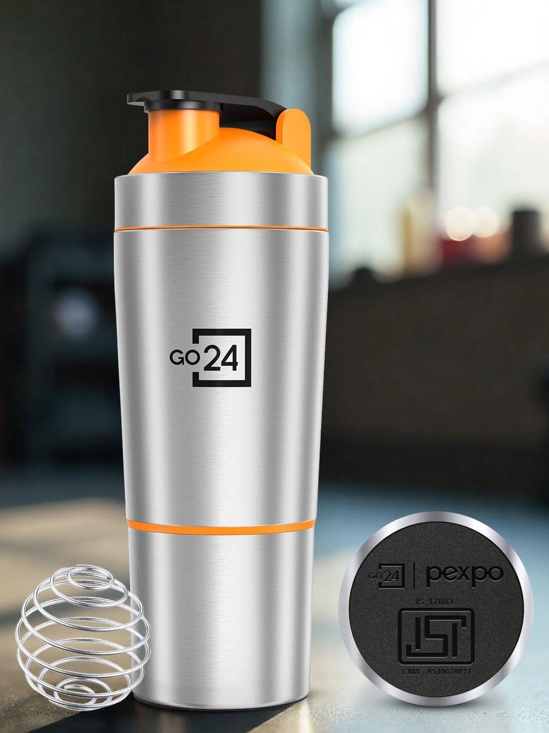 Pexpo Kinetic Stainless Steel Gym Shaker With Extra Compartment Silver Orange 850ml