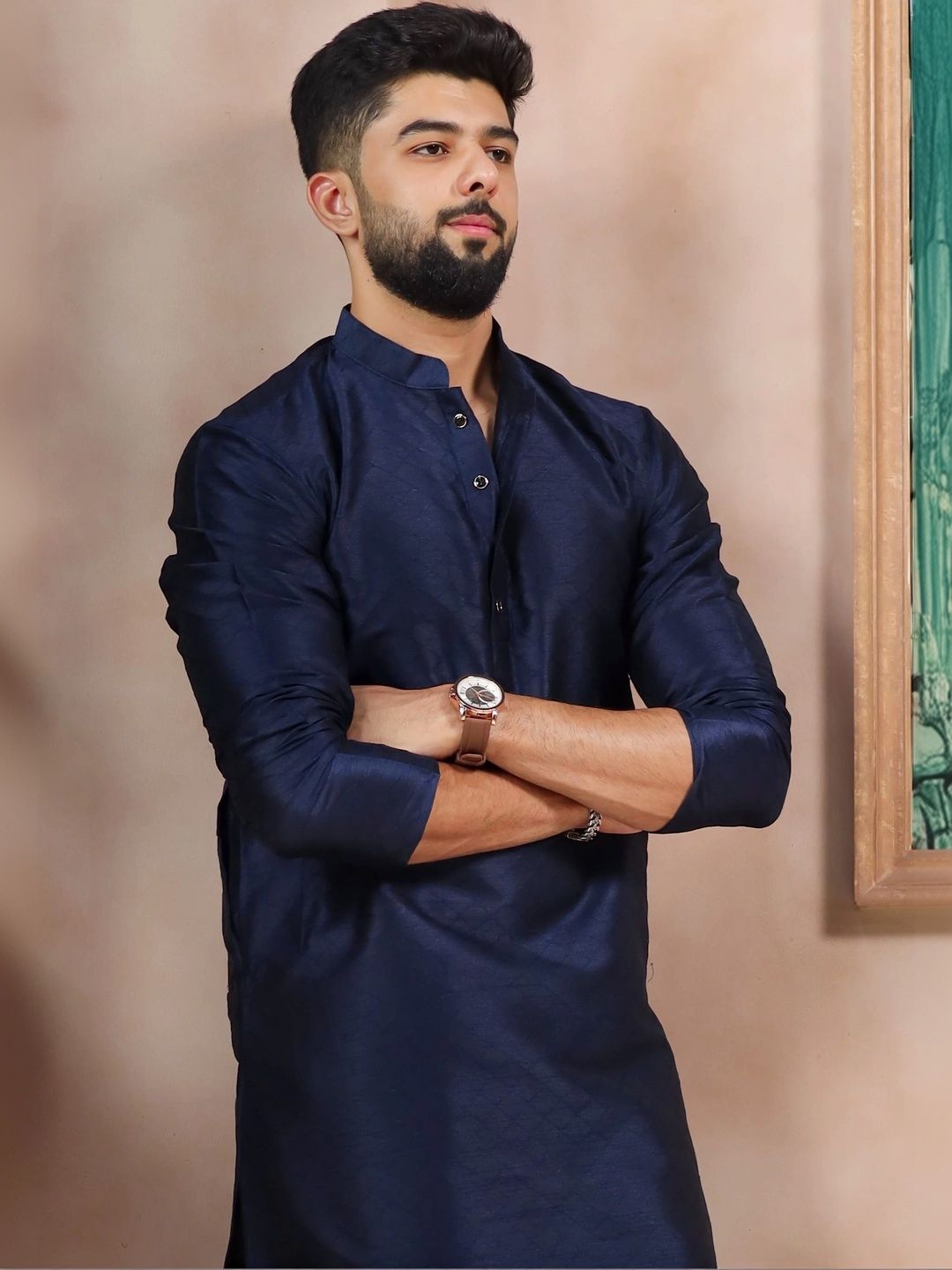 Koshin Geometric Woven Design Mandarin Collar Jacquard Silk Straight Kurta